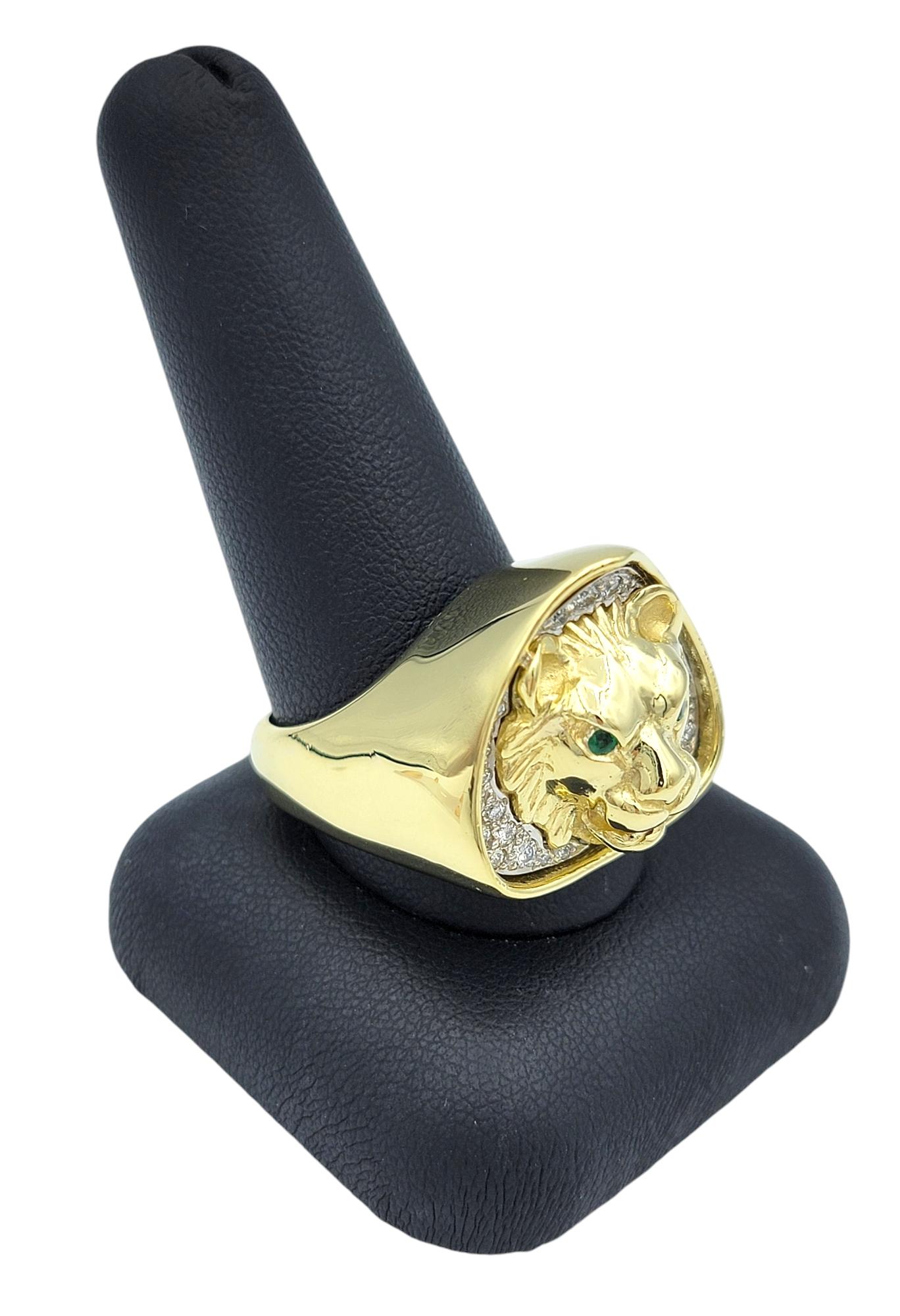 Mens Large Carved Lion Head Ring with Diamonds & Gemstones 18 Karat Yellow Gold 4