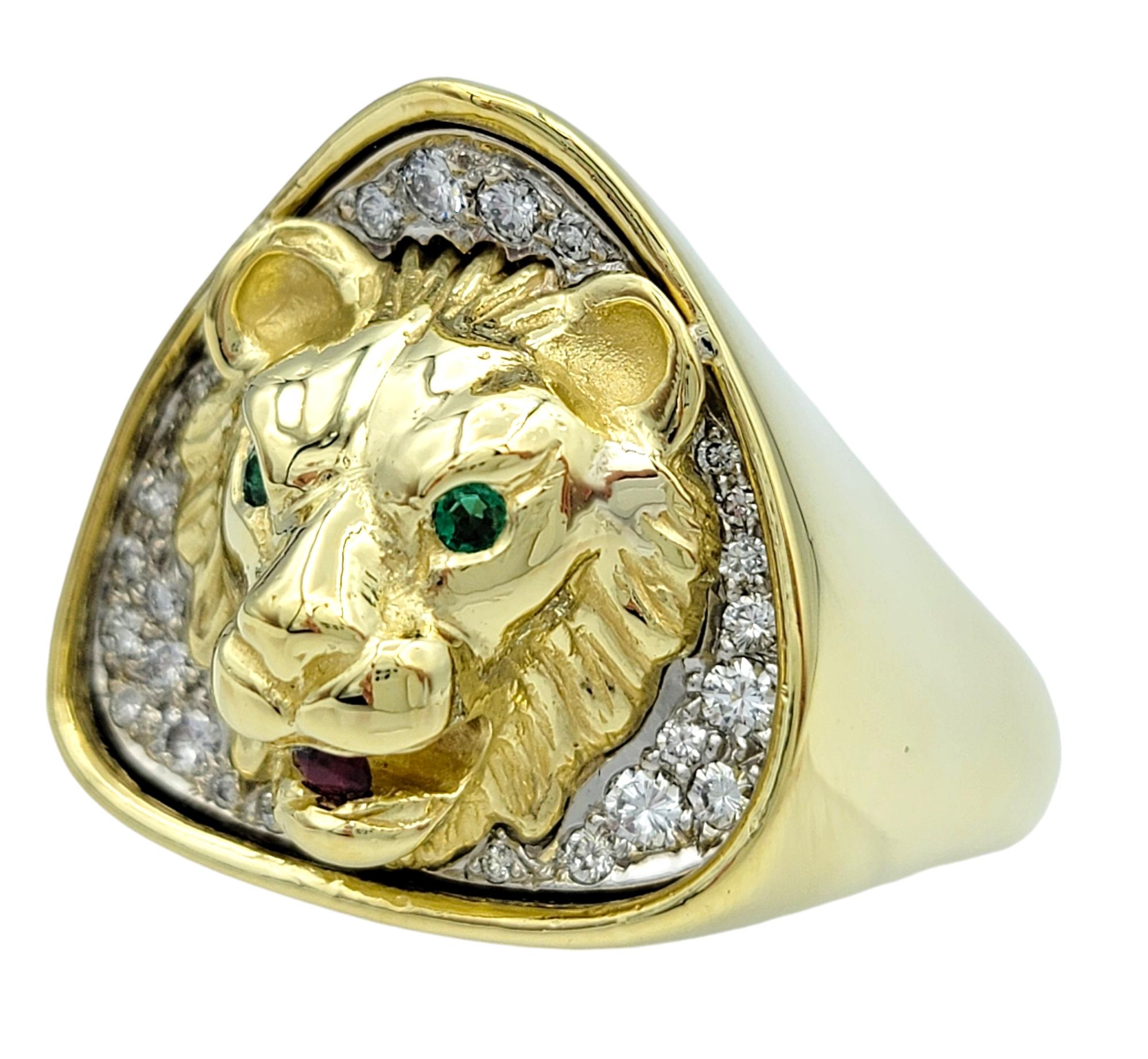 Ring Size: 12.5

Embrace bold luxury with this captivating lion statement ring, a true 18 karat gold masterpiece that exudes power and elegance. At the heart of this magnificent creation is a regal lion’s face, meticulously crafted to capture the