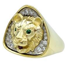 Mens Large Carved Lion Head Ring with Diamonds & Gemstones 18 Karat Yellow Gold
