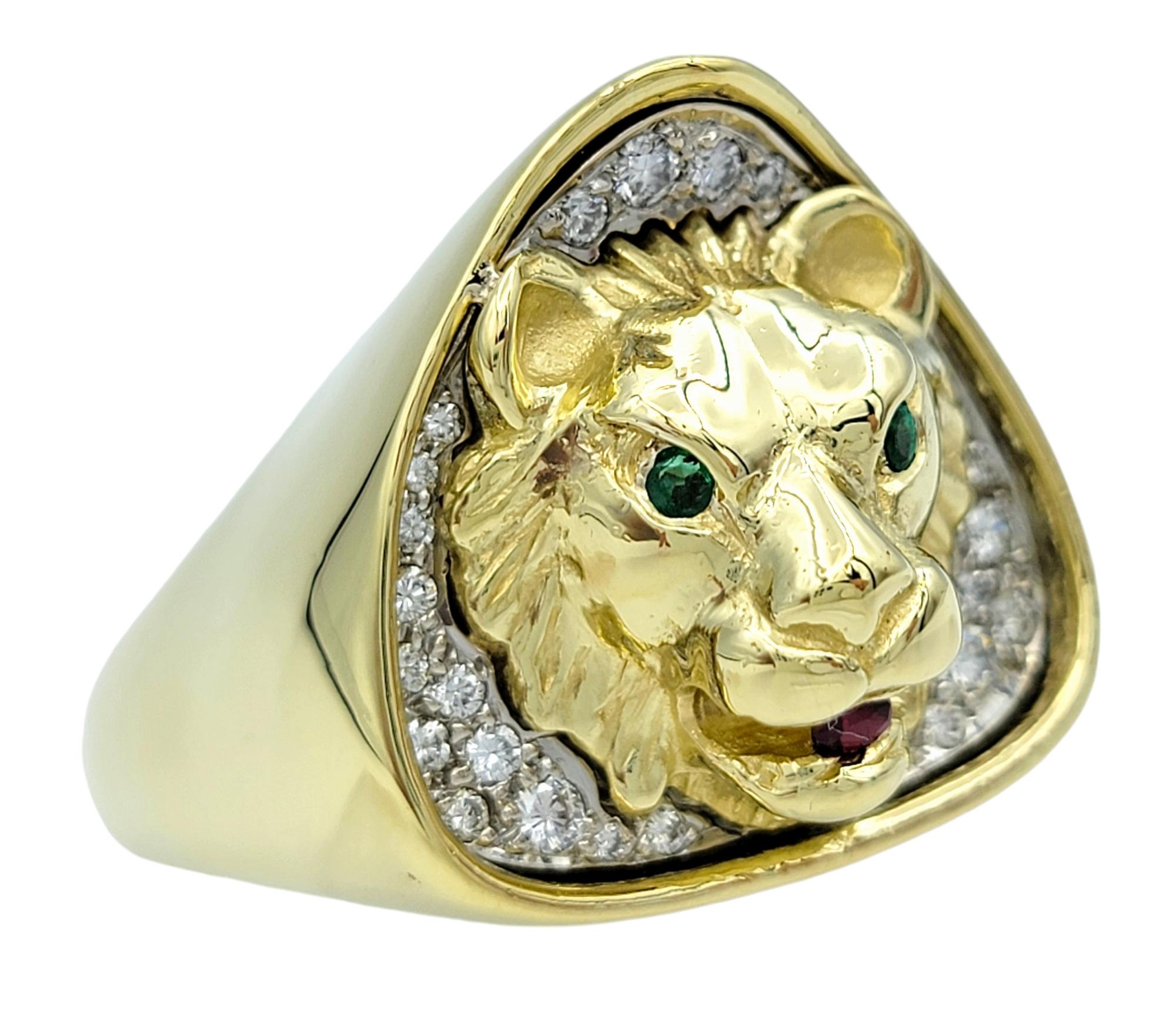 Contemporary Mens Large Carved Lion Head Ring with Diamonds & Gemstones 18 Karat Yellow Gold