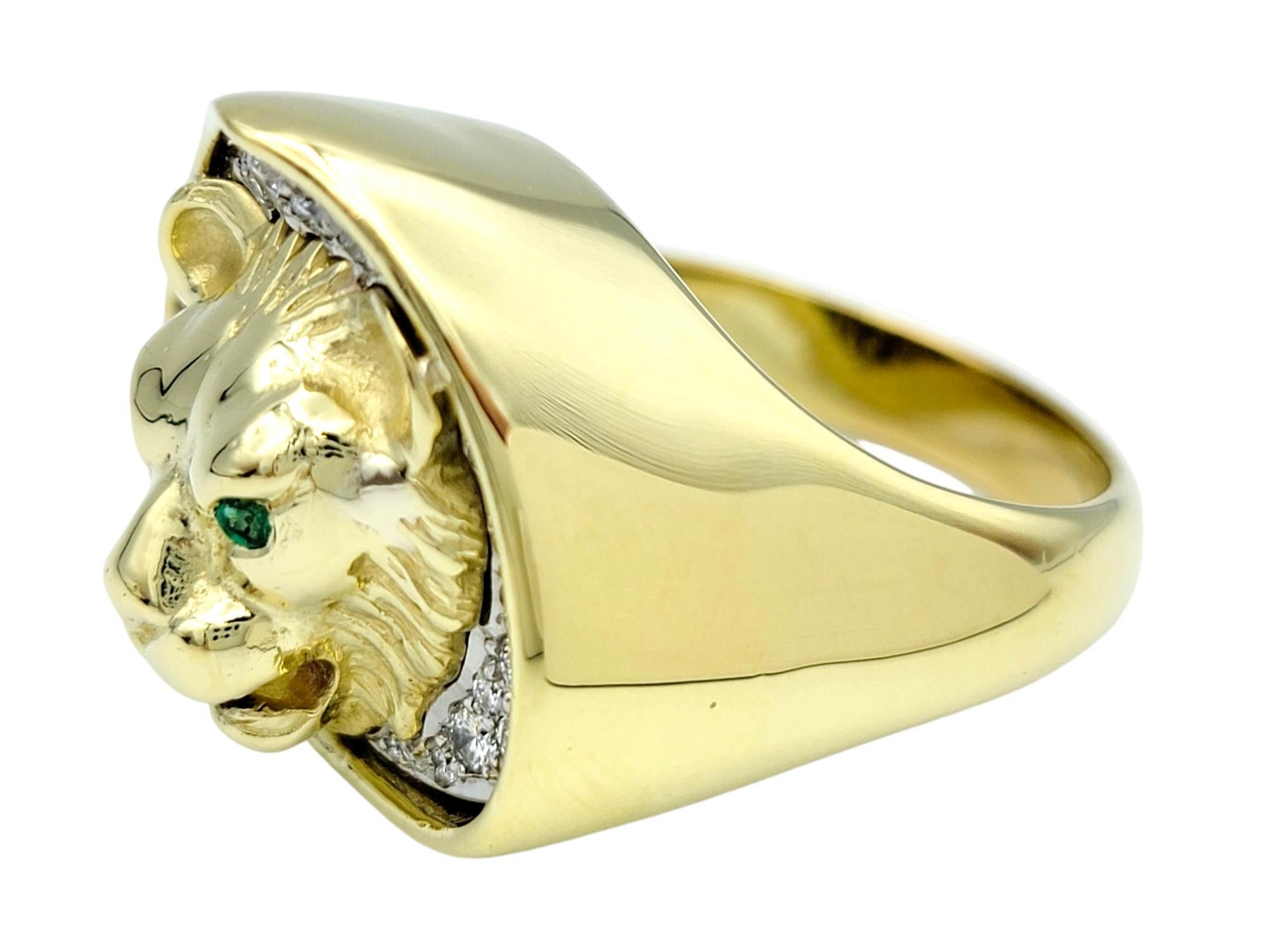 Round Cut Mens Large Carved Lion Head Ring with Diamonds & Gemstones 18 Karat Yellow Gold