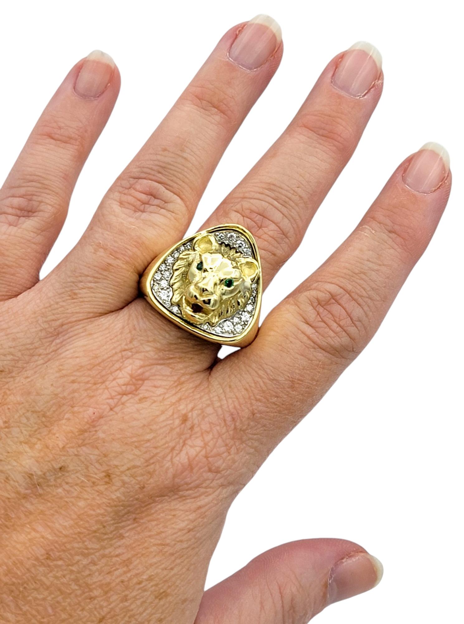 Mens Large Carved Lion Head Ring with Diamonds & Gemstones 18 Karat Yellow Gold 1