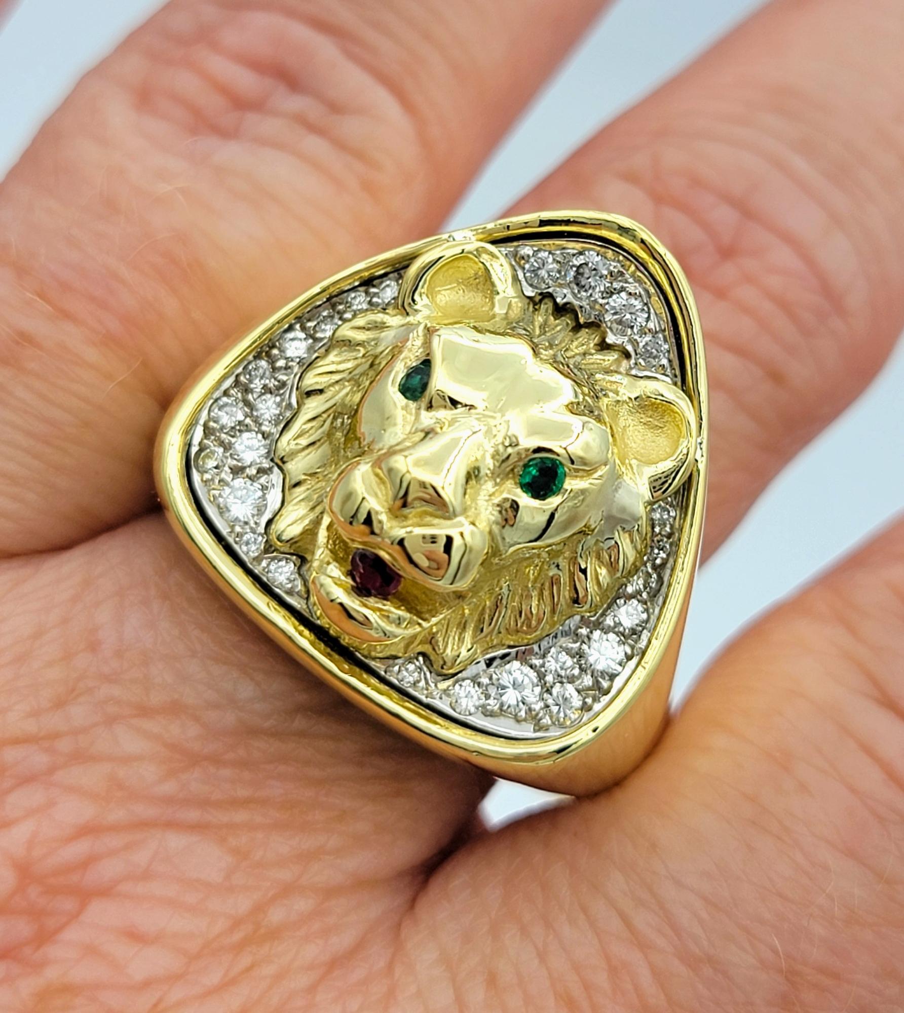Mens Large Carved Lion Head Ring with Diamonds & Gemstones 18 Karat Yellow Gold 2