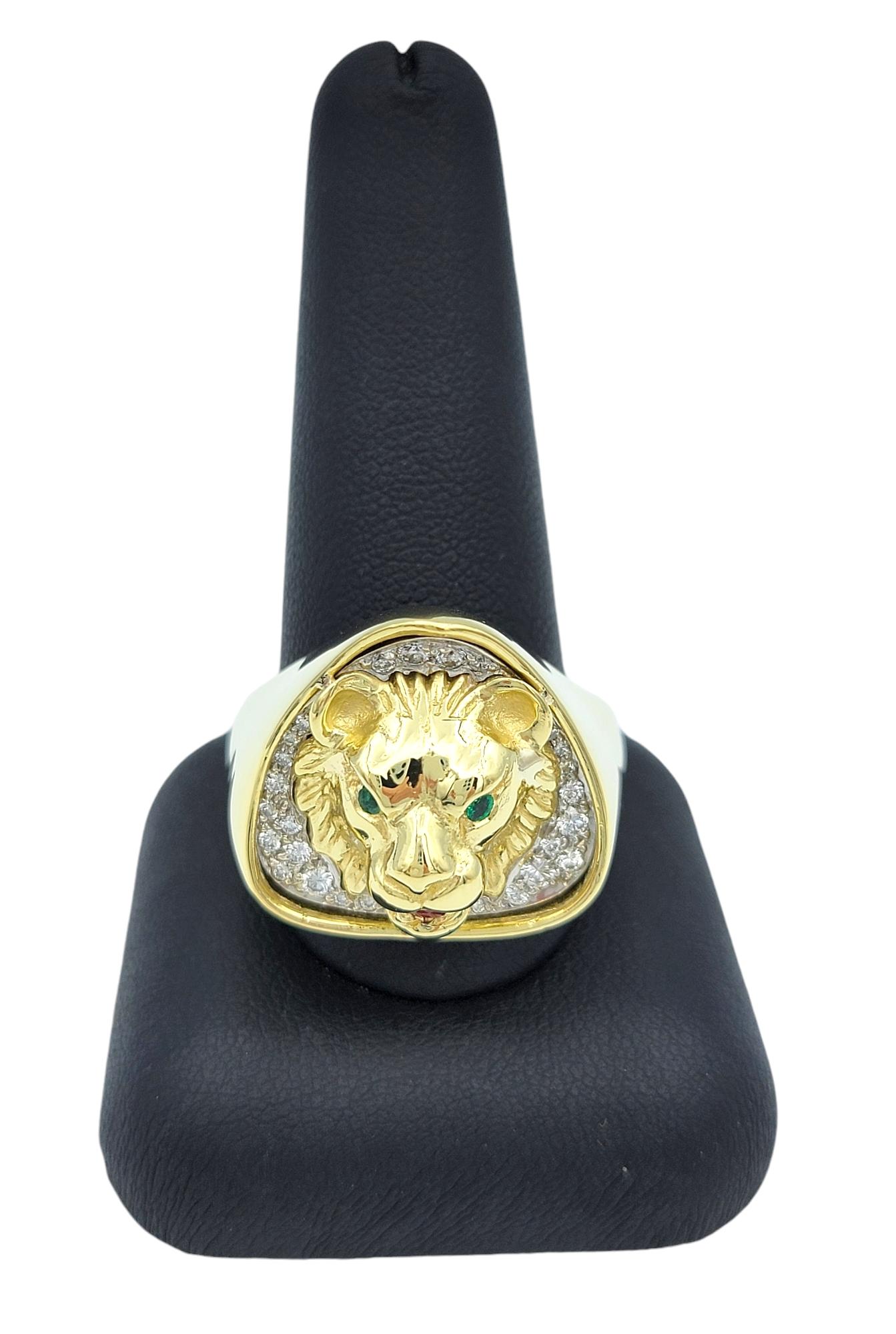 Mens Large Carved Lion Head Ring with Diamonds & Gemstones 18 Karat Yellow Gold 3