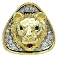 Mens Large Carved Lion Head Ring with Diamonds & Gemstones 18 Karat Yellow Gold