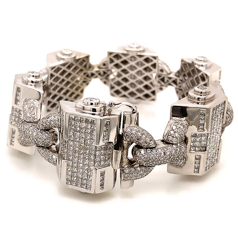Taille princesse Grand bracelet pour hommes, 30,36 carats, 1452 diamants, or blanc 14K en vente