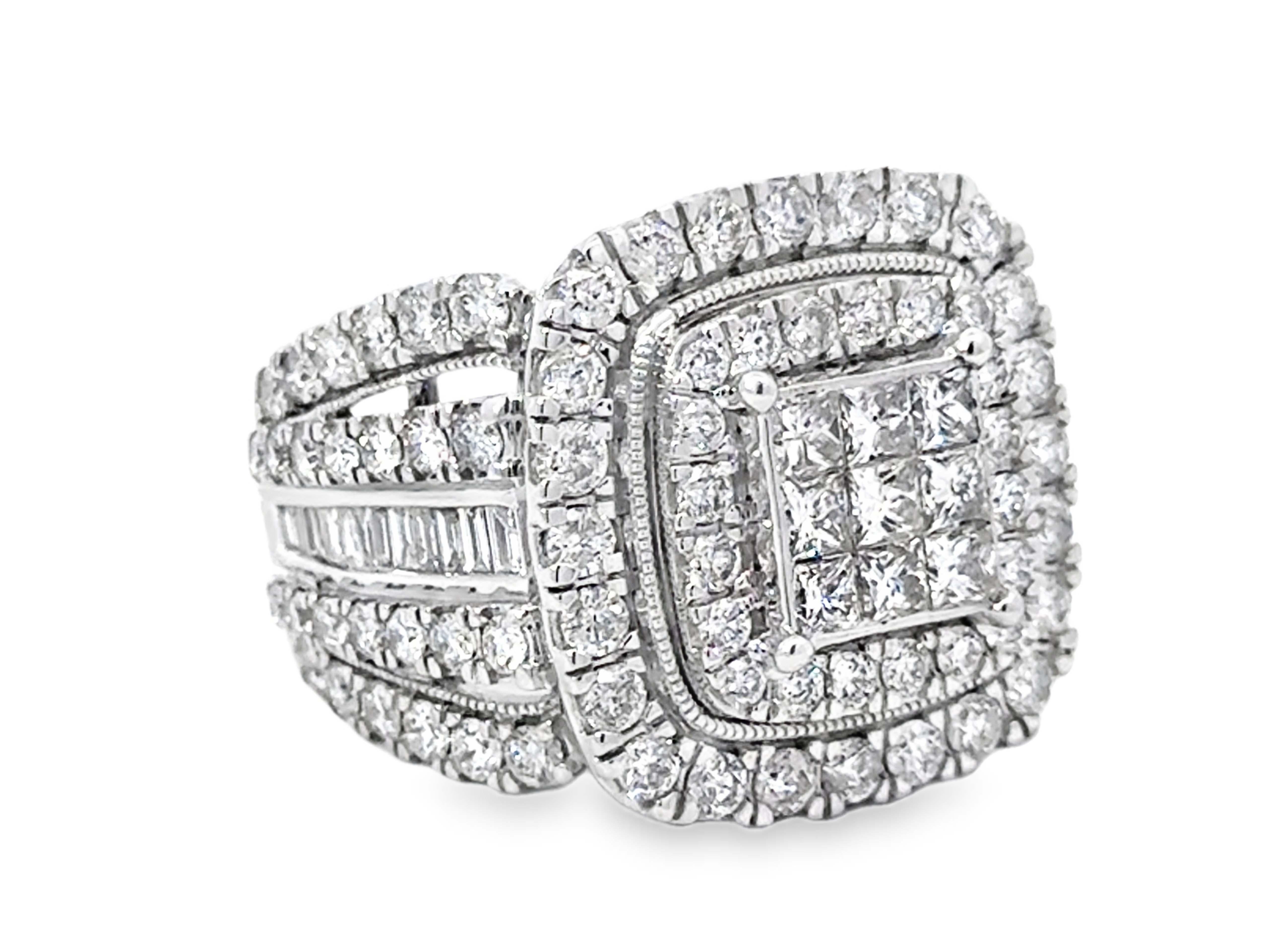 Item Specifications:

Metal: 10k White Gold 

Center Diamond Cluster Info: 9 princess cut diamonds, ~0.90 carats, G color, SI1-SI2 clarity

1st Diamond Halo Info(halo immediately around the 9 princess cut diamonds): 20 brilliant cut diamonds, ~0.40