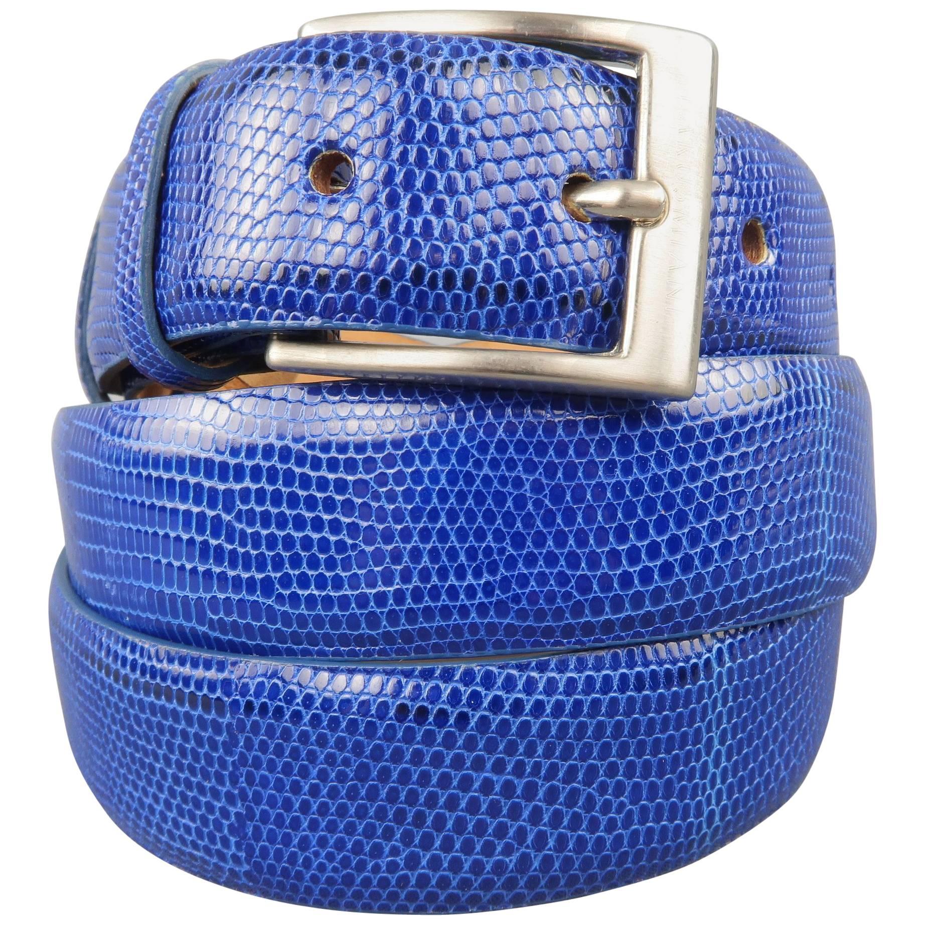 Men
s LARUSMIANI Size 38 Royal Blue Lizard Leather Silver Buckle Dress Belt