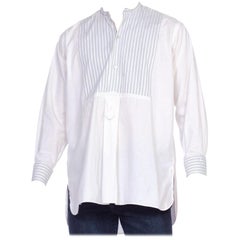 Victorian Blue & White Cotton Men's Pinstripe Bib Front French Cuff Shirt Made 