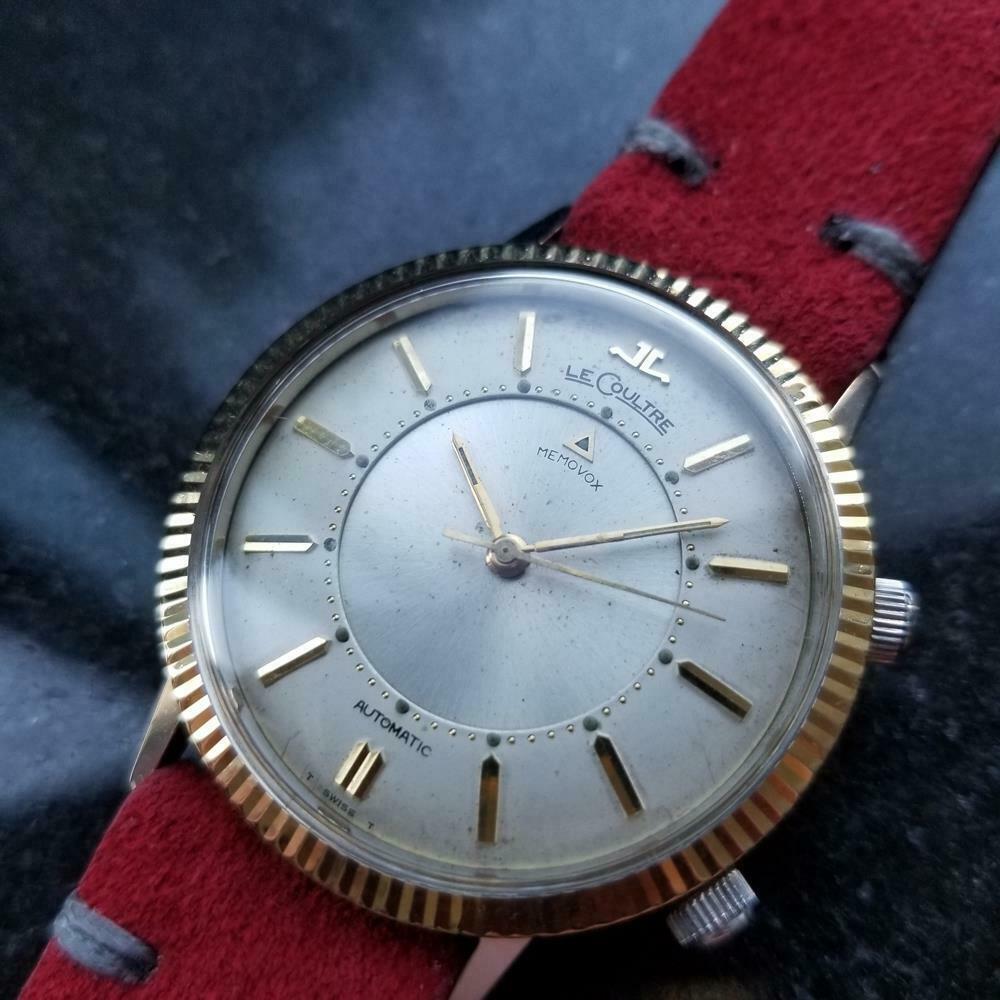Vintage treasure, men's 14k gold-capped LeCoultre Memovox alarm automatic, c.1950s. Verified authentic by a master watchmaker. Gorgeous, original LeCoultre silver dial, applied indice hour markers, gold minute and hour hands, sweeping central second