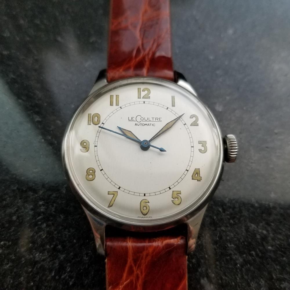 Classic vintage, men's LeCoultre cal.12A automatic bumper field watch, c.1950s. Verified authentic by a master watchmaker. Gorgeous vintage silver LeCoultre signed dial, lumed Arabic numeral hour markers, inner minute track, lumed blue minute and