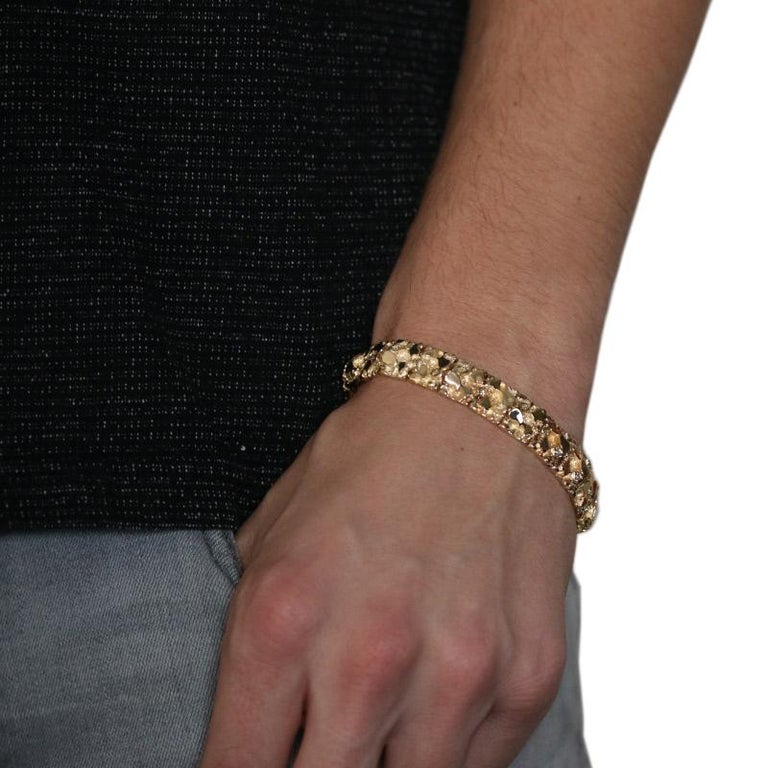 Men's Link Bracelet, 14 Karat Yellow Gold Nugget Textured at 1stDibs