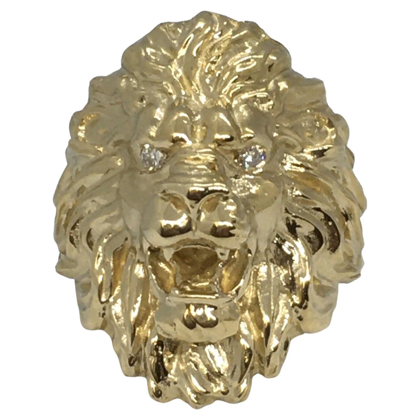 Men's Lion Face Diamond Ring 14K Yellow Gold Weighting 20 Gram