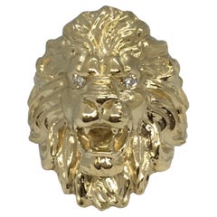 Men's Lion Face Diamond Ring 14K Yellow Gold Weighting 20 Gram