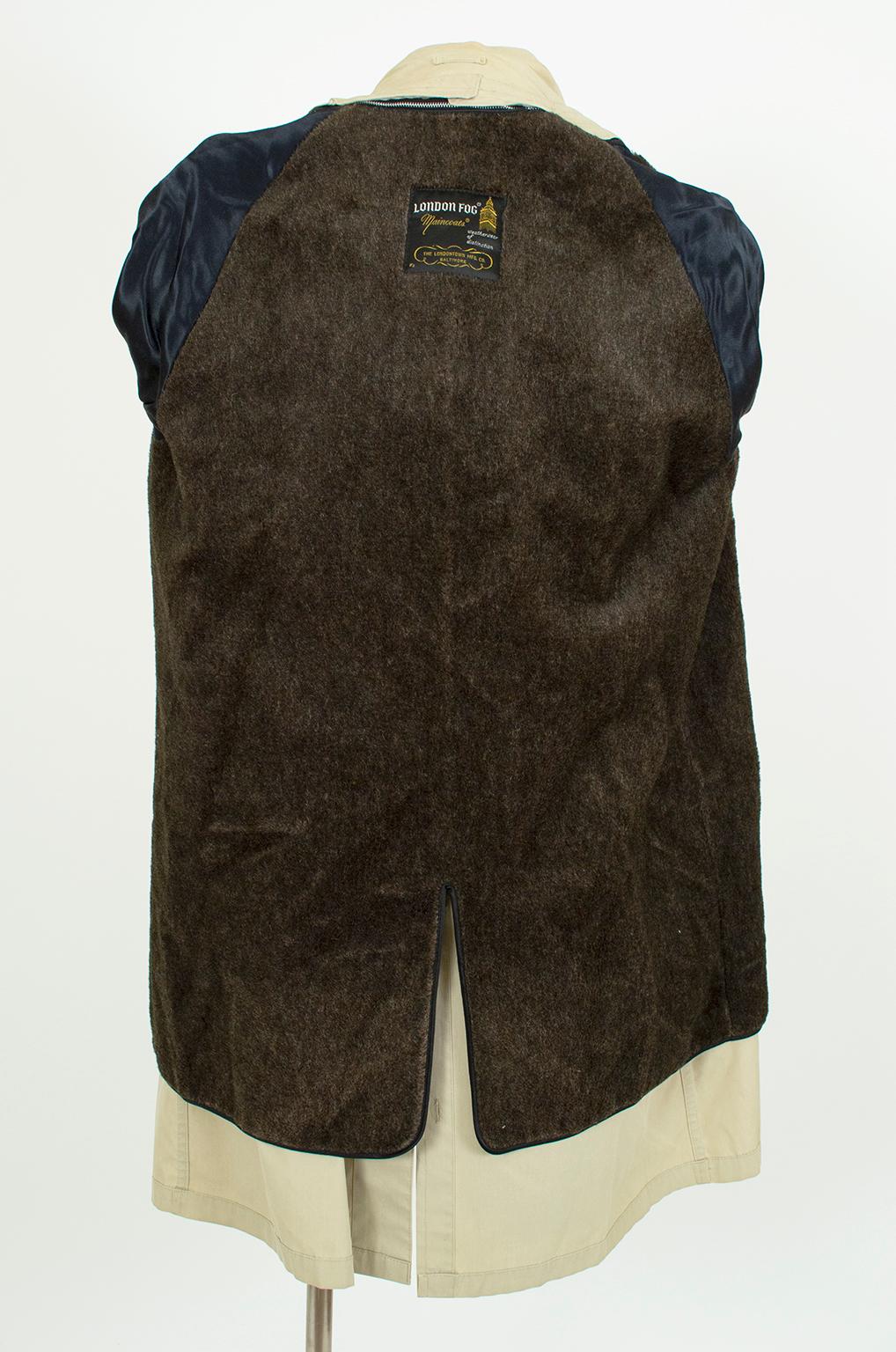Beige Men’s London Fog Khaki Trench Raincoat with Removable Alpaca Lining–40/42, 1950s