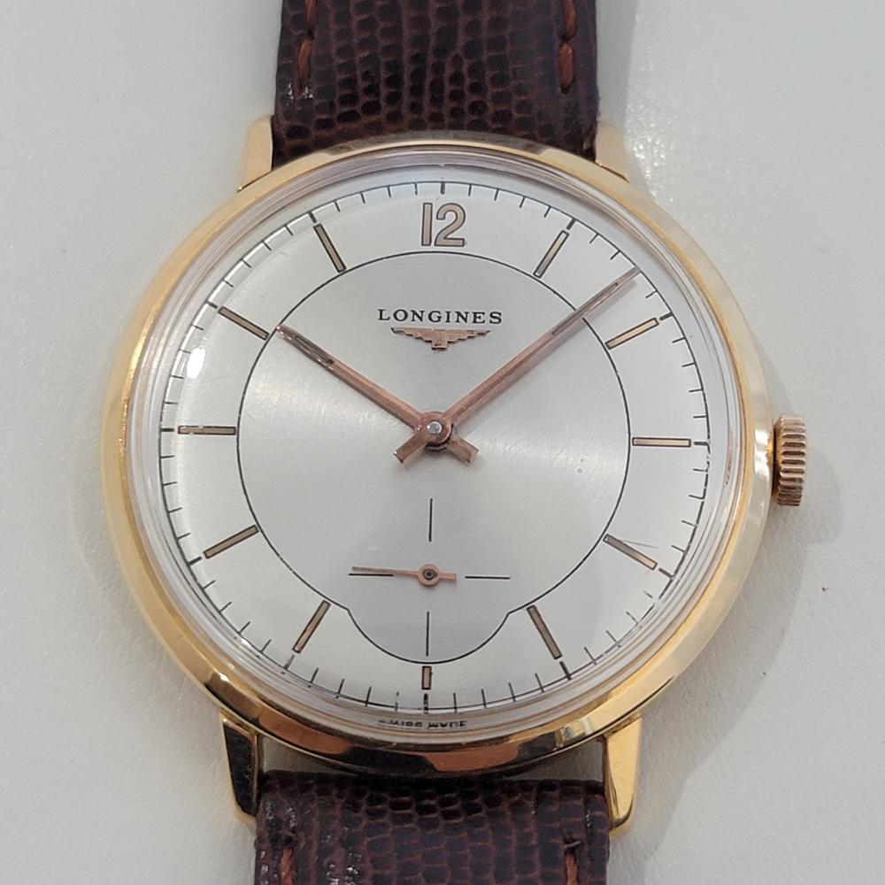 Timeless luxury, Men's 18k solid gold Longines cal.30L manual wind dress watch, c.1957, in excellent working condition. Verified authentic by a master watchmaker. Longines signed dial, baton index and Arabic 12 hour markers, gilt minute and hour