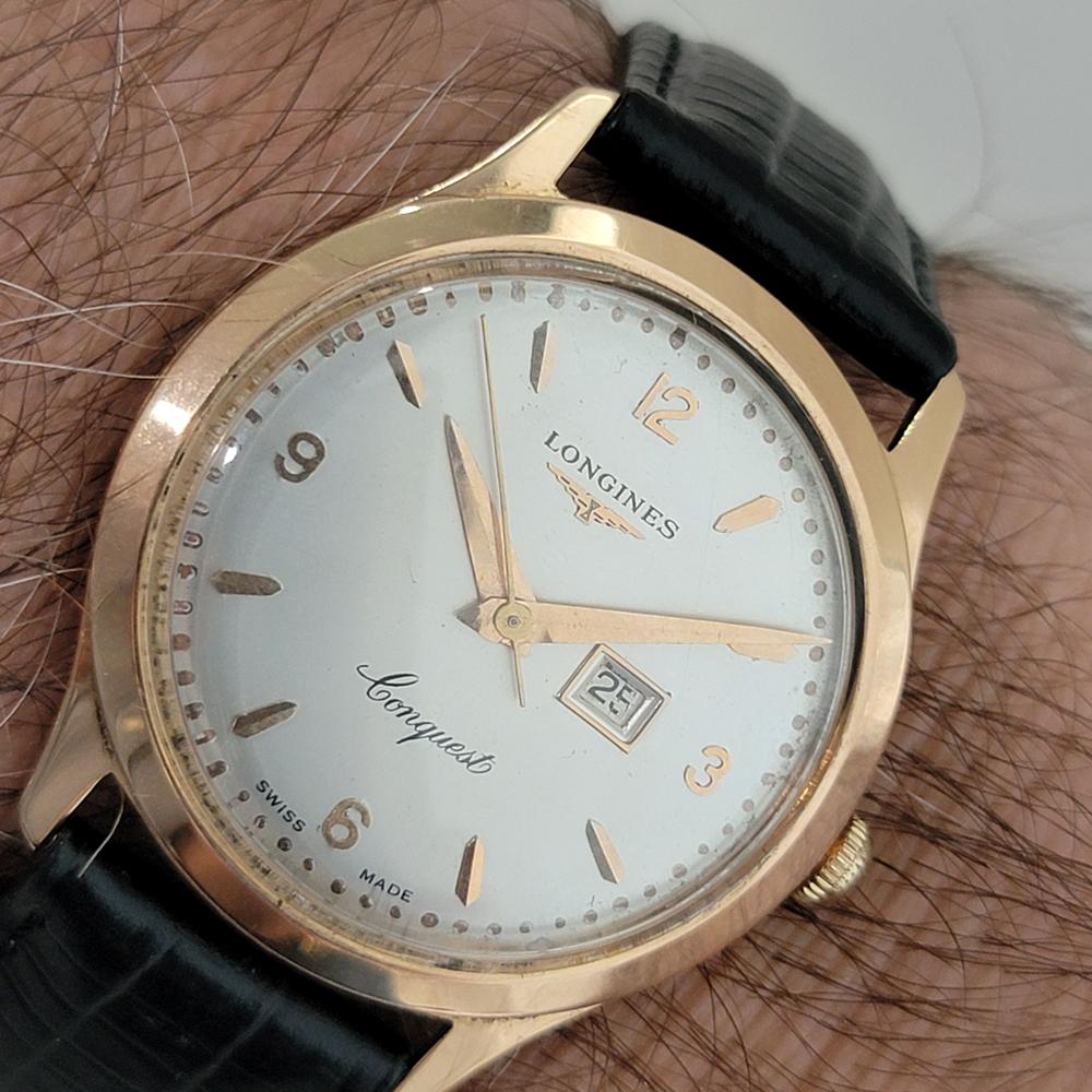 Mens Longines Conquest 18k Rose Gold Manual Wind Date Dress Watch 1950s NA120 9