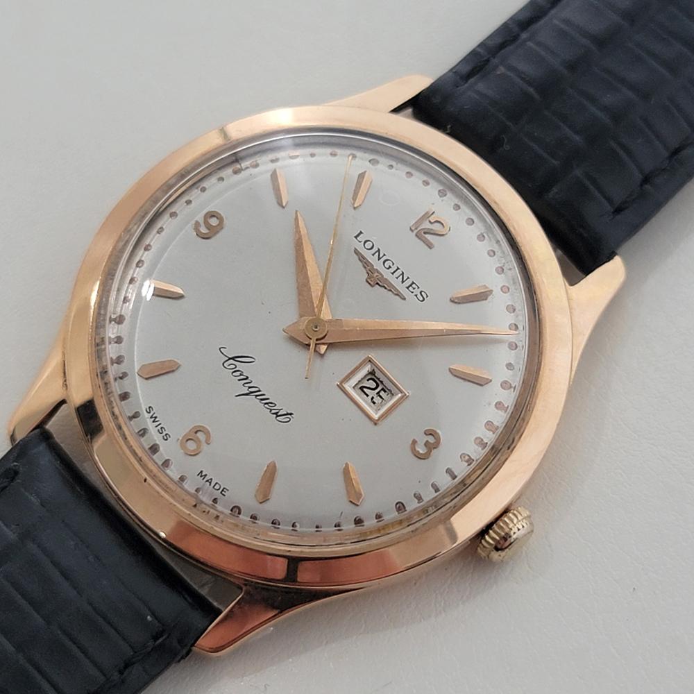 Men's Mens Longines Conquest 18k Rose Gold Manual Wind Date Dress Watch 1950s NA120