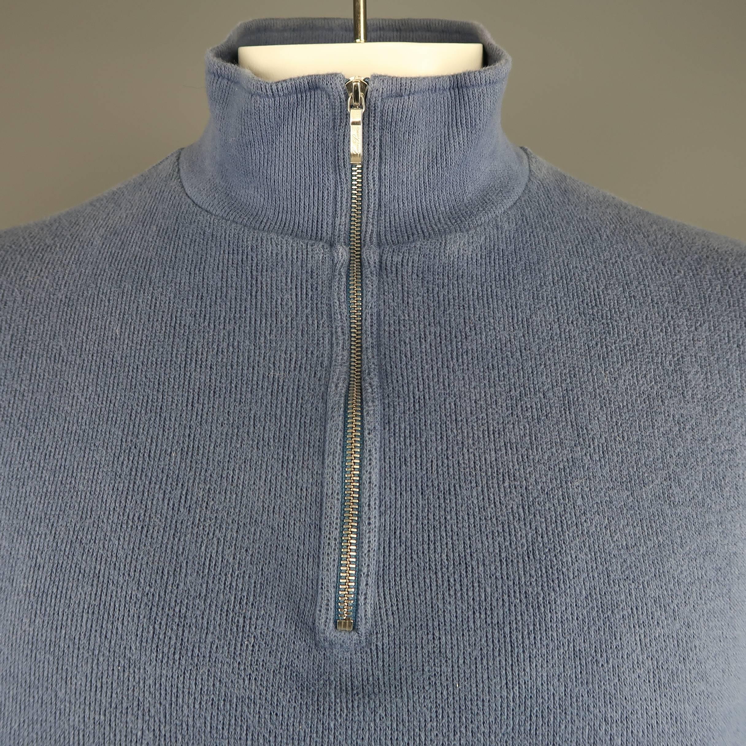 LORO PIANA pullover comes in muted blue ribbed jersey knit with a silver tone half zip mock neck. Wear throughout. As-is.  Made in Italy.
 
Fair Pre-Owned Condition.
Marked: IT 52
 
Measurements:
 
Shoulder: 19 in.
Chest: 46 in.
Sleeve: 25