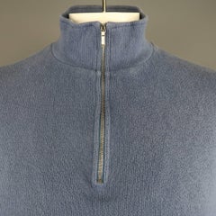 Loro Piana Men's Blue Ribbed Jersey Half Zip Mock Neck Pullover