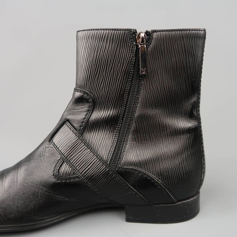 Men&#39;s LOUIS VUITTON Size 11.5 Black Epi Leather Buckle Strap Ankle Boots at 1stdibs