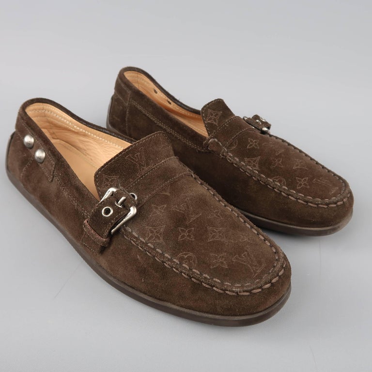 Louis Vuitton Women&#39;s Brown Monogram Suede Buckle Strap Slip On Loafers at 1stdibs