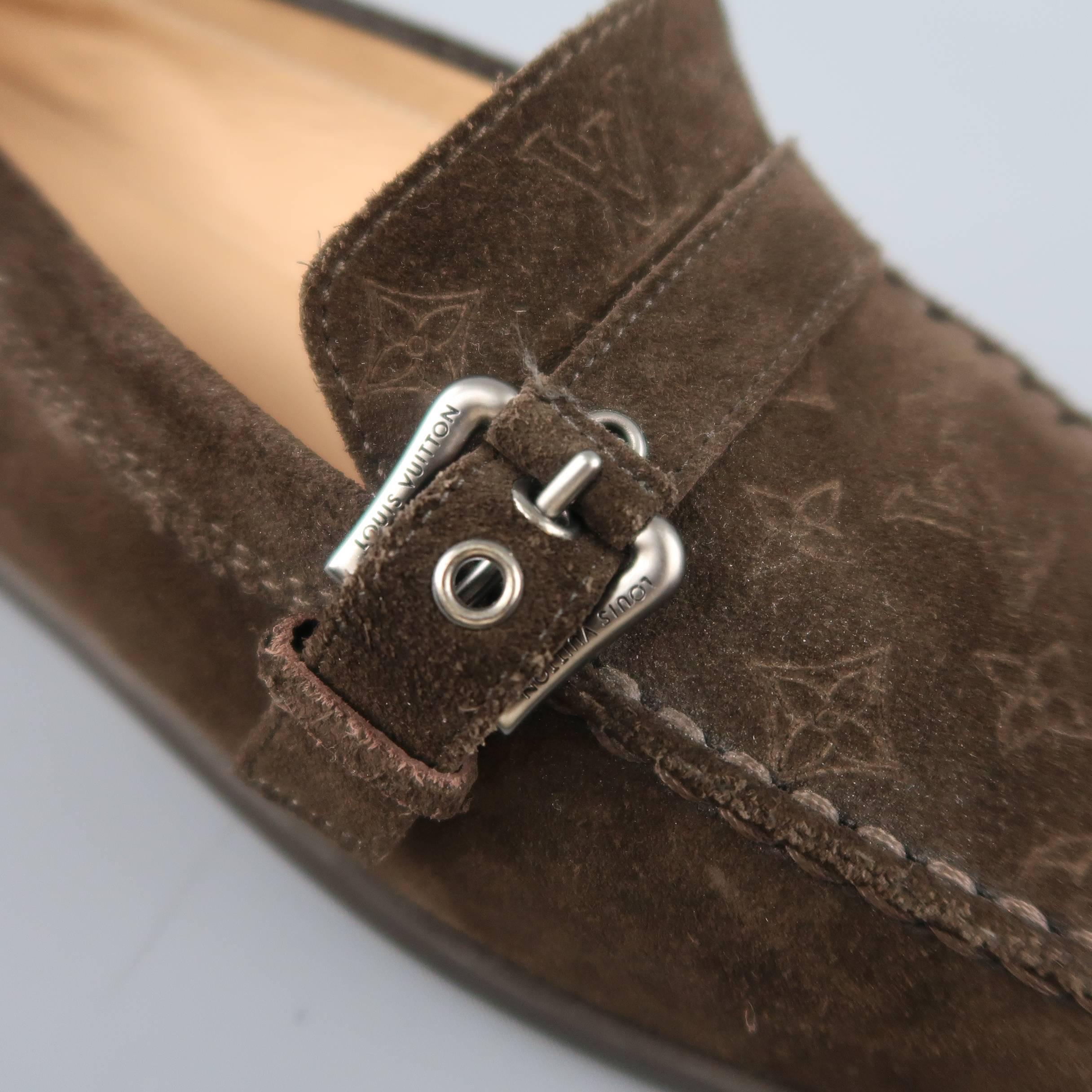 Louis Vuitton Women's Brown Monogram Suede Buckle Strap Slip On Loafers In Good Condition In San Francisco, CA