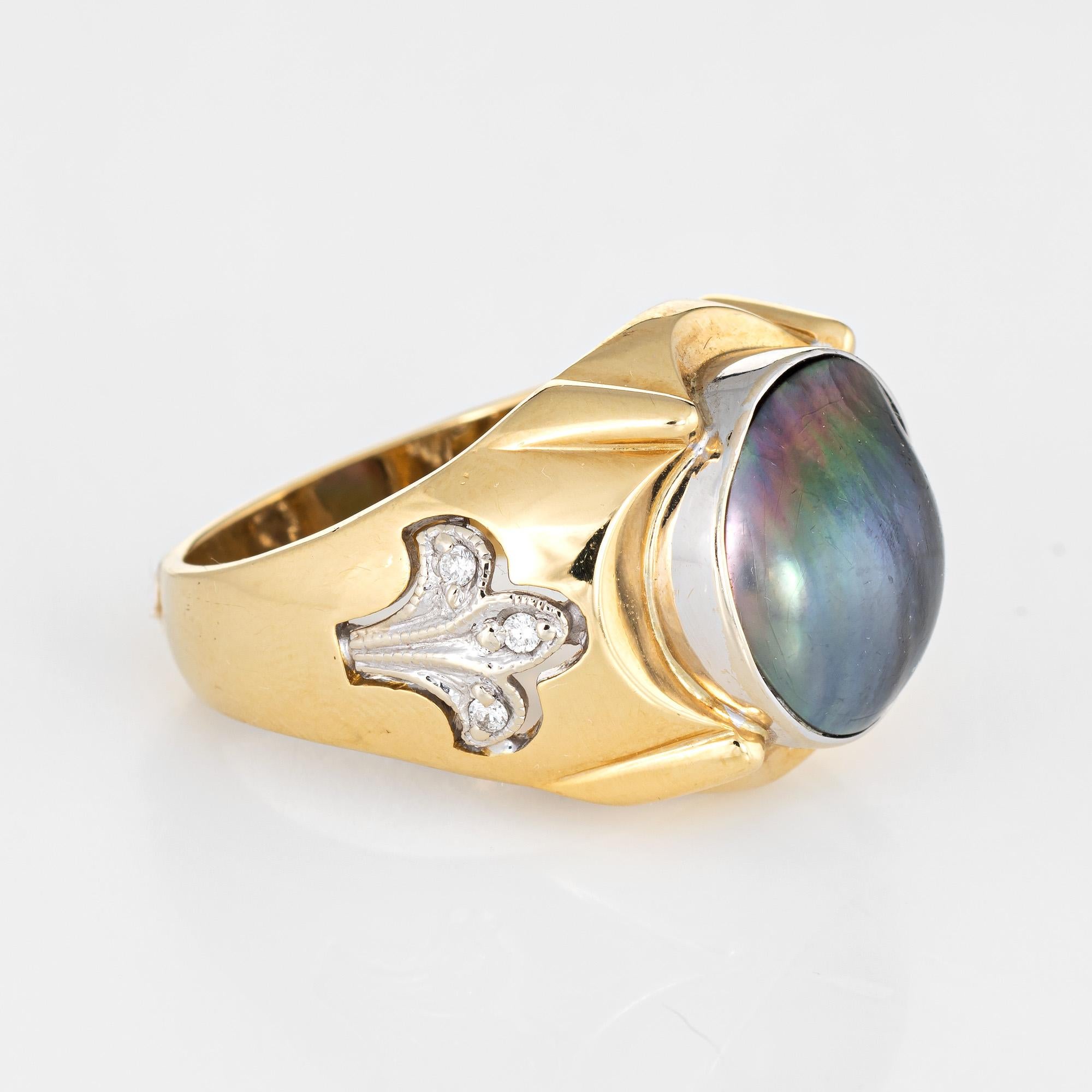 Modern Men's Mabe Pearl Diamond Ring Fleur de Lis Vintage Fine Jewelry Estate
