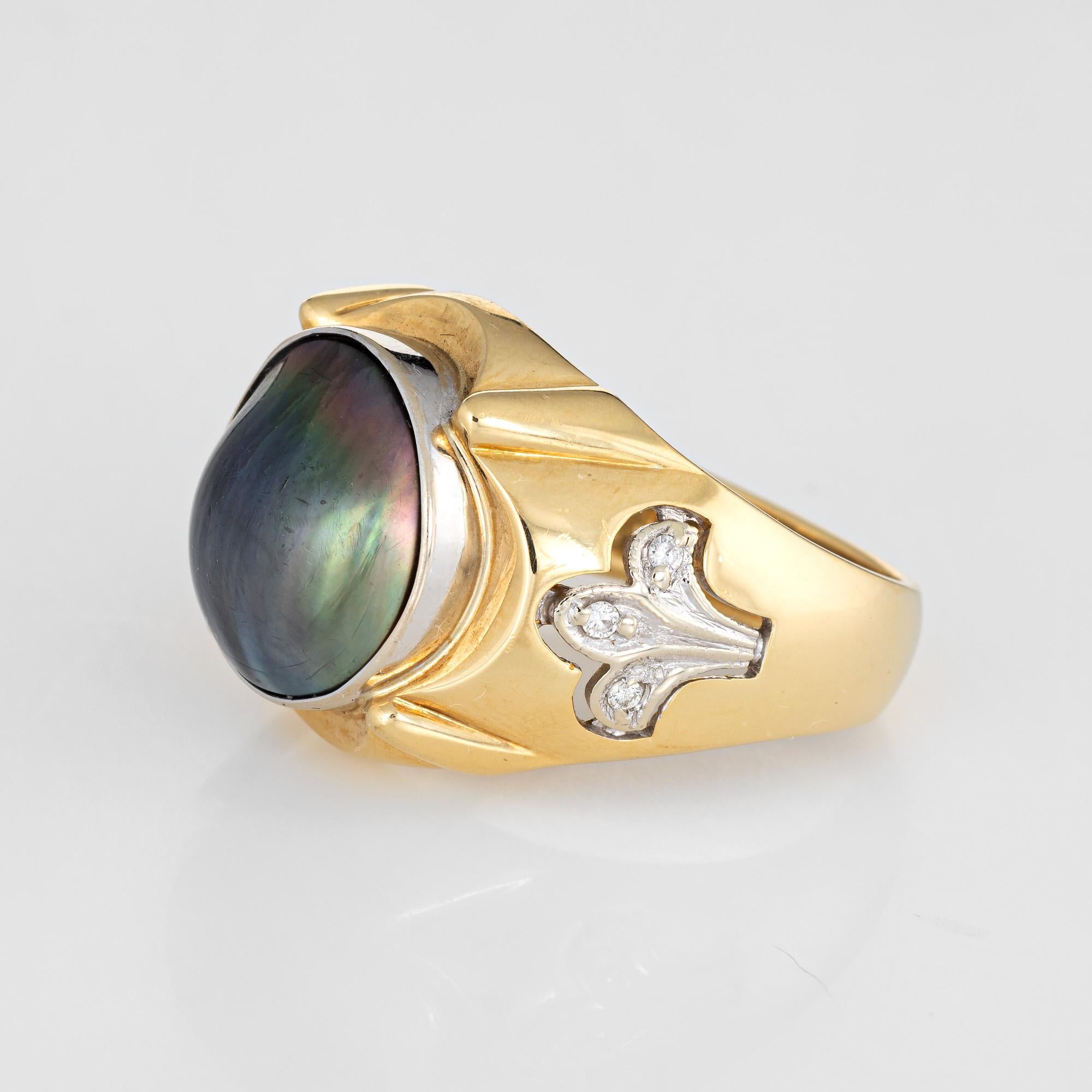 Round Cut Men's Mabe Pearl Diamond Ring Fleur de Lis Vintage Fine Jewelry Estate