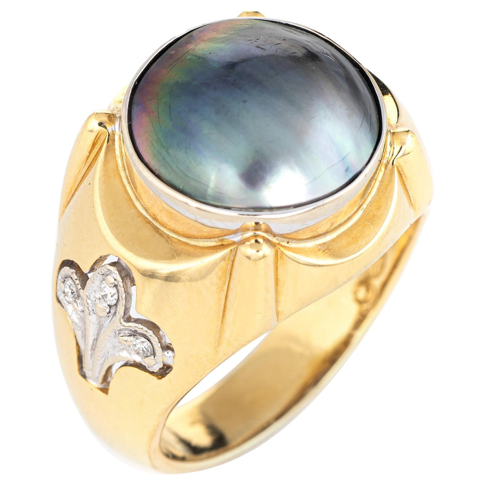Men's Mabe Pearl Diamond Ring Fleur de Lis Vintage Fine Jewelry Estate