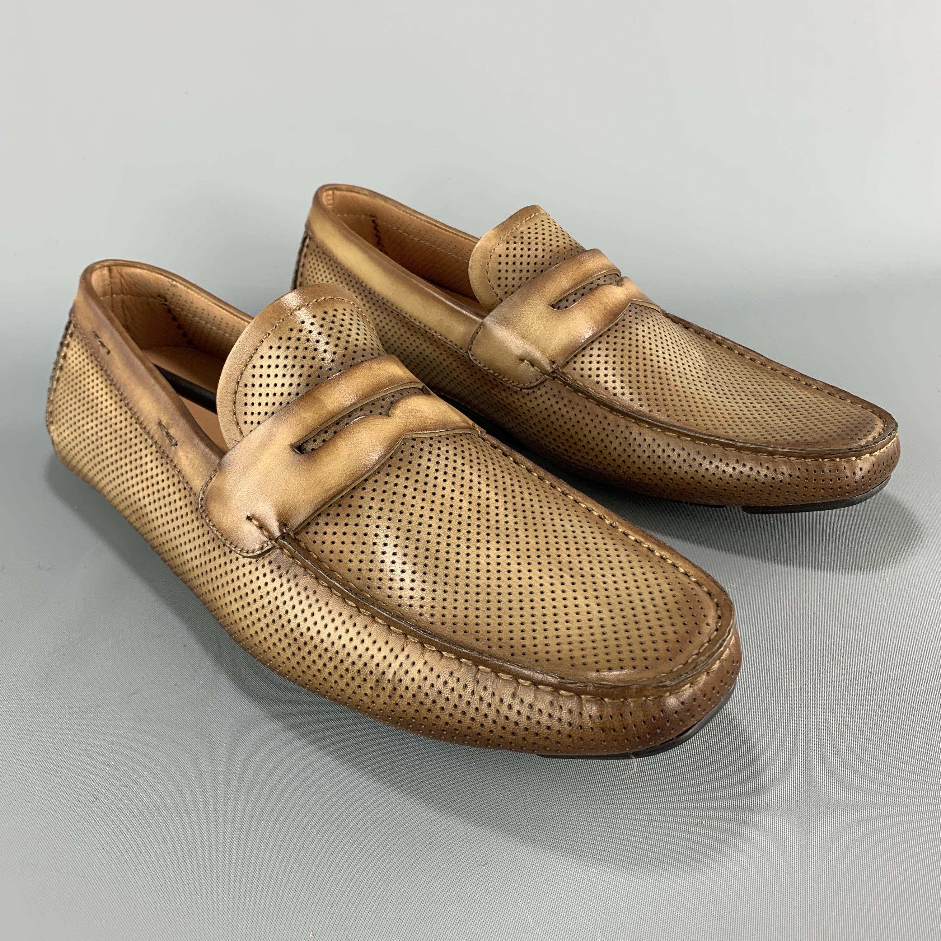 Brown Men's MAGNANNI Size 10.5 Tan Antique Perforated Leather Driver Sole Penny Loafer