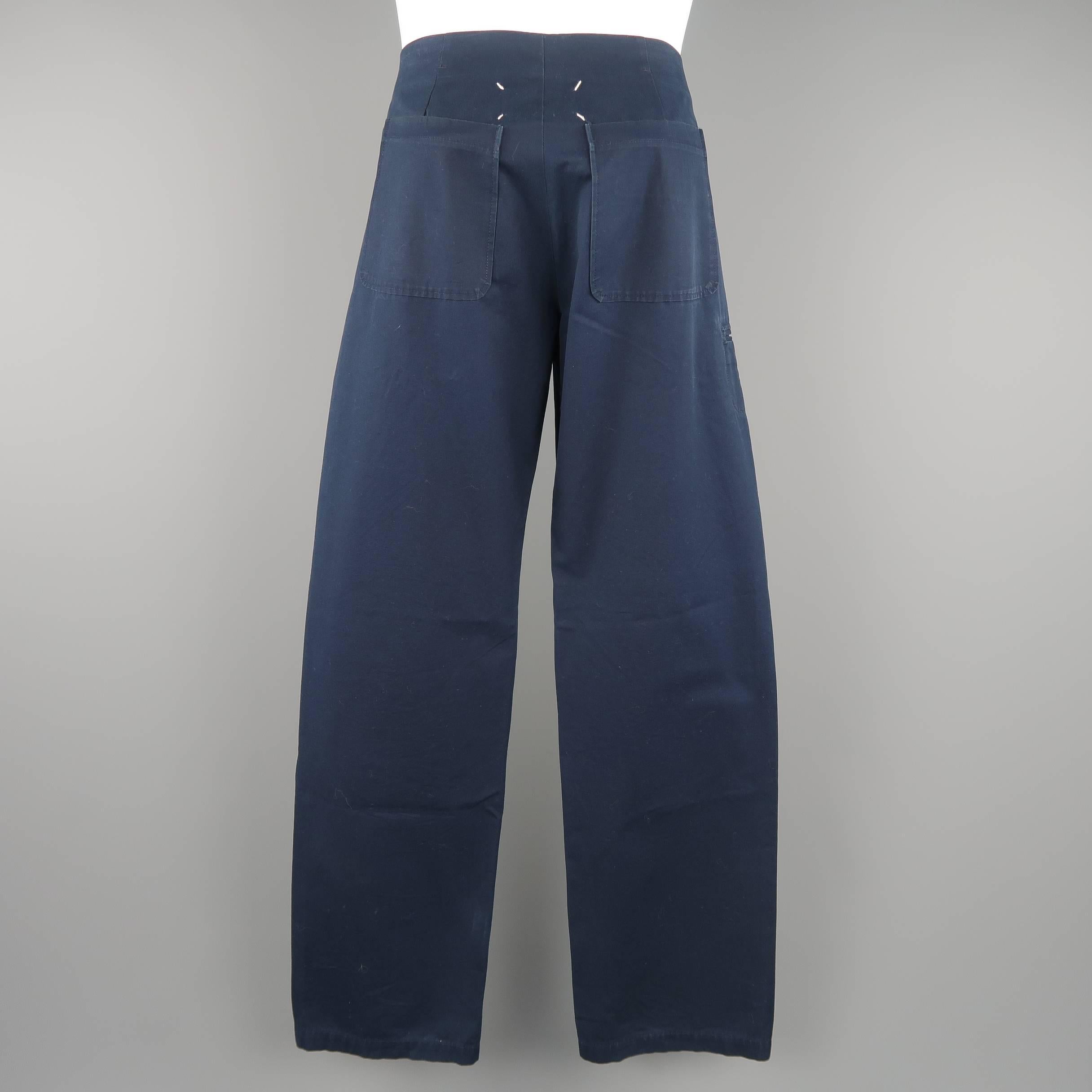 Men's MAISON MARTIN MARGIELA Size 30 Navy Solid Cotton Wide Leg Stitches Pants In Excellent Condition In San Francisco, CA