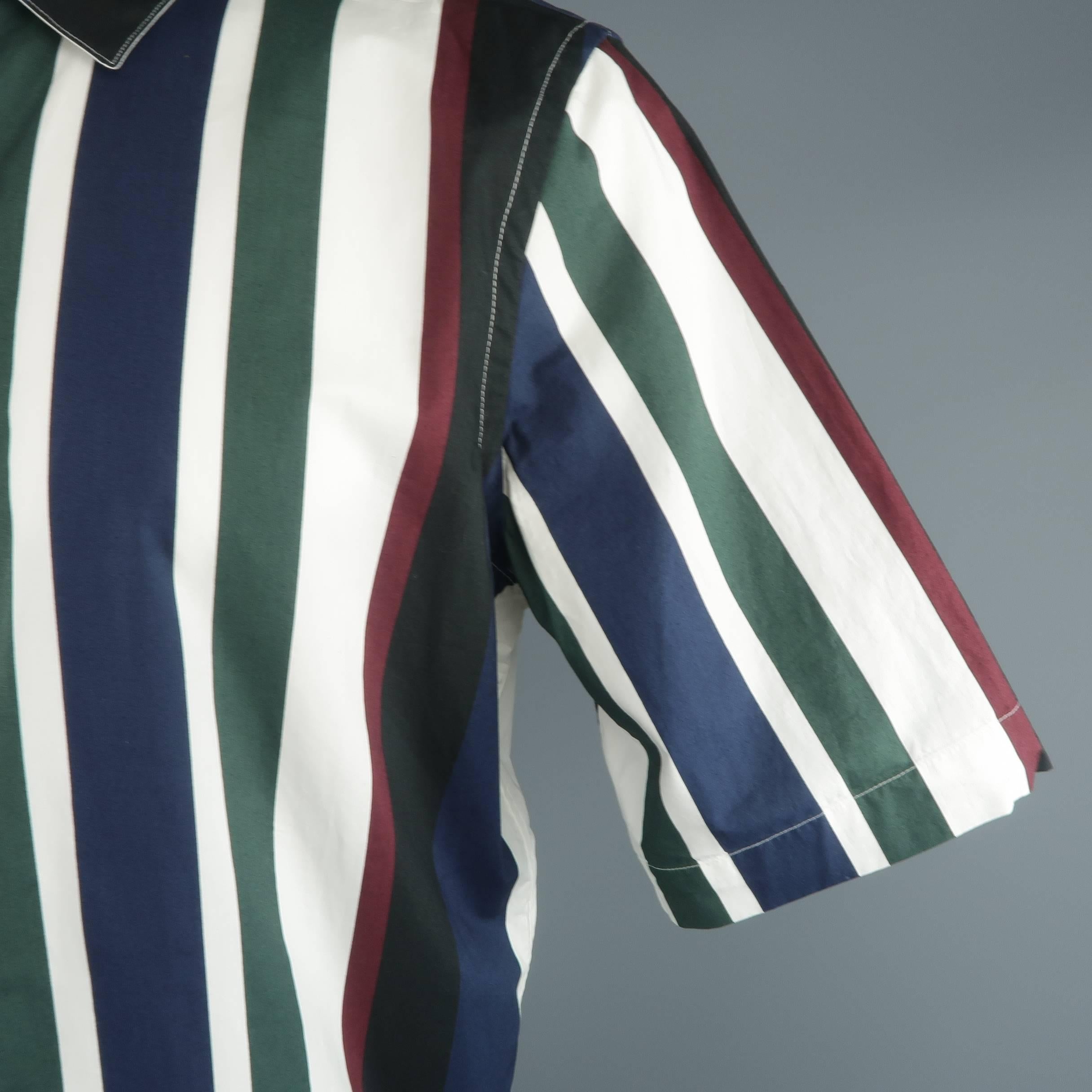 Black Men's MARNI Size L White Green Burgundy & Navy Stripe Cotton Short Sleeve Shirt