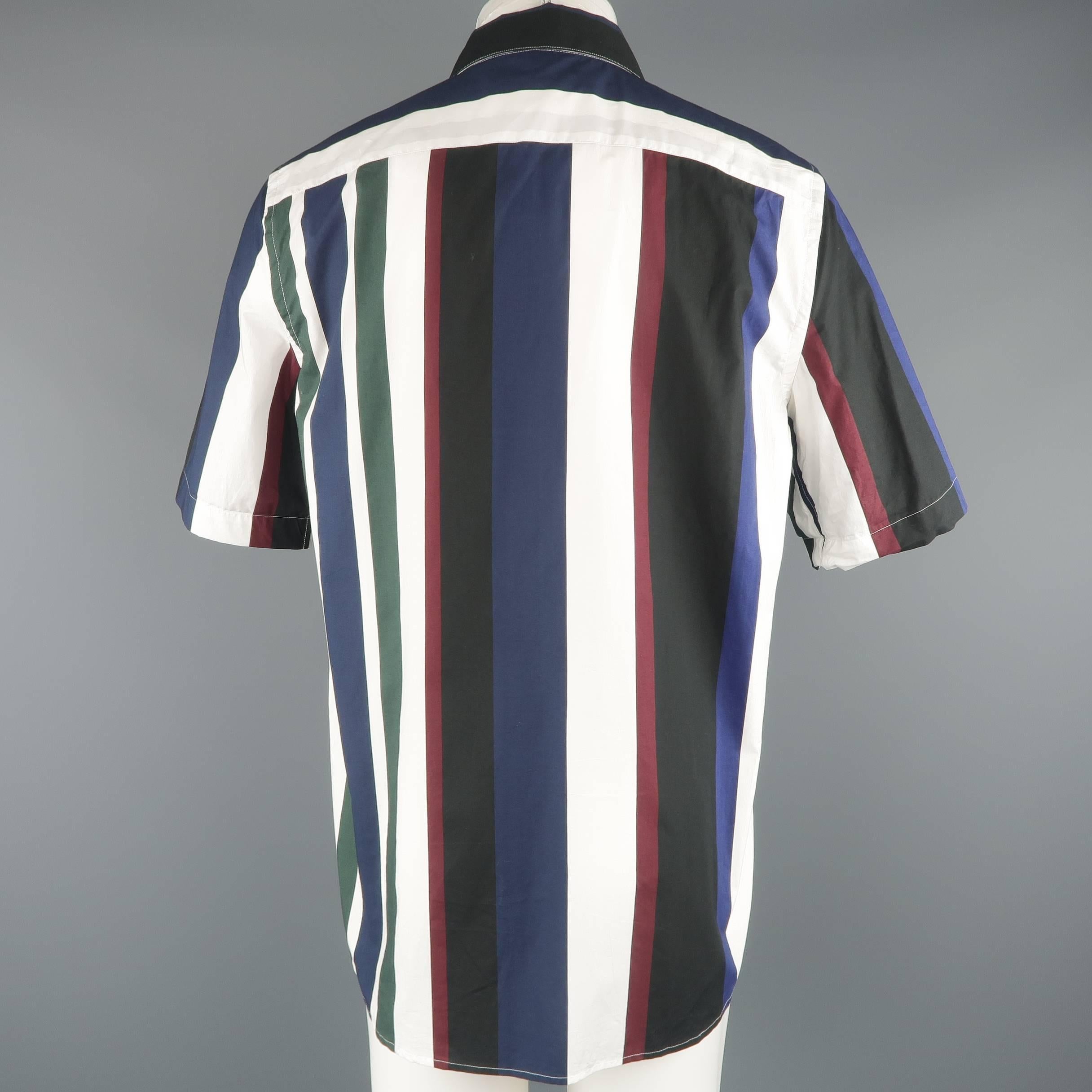 Men's MARNI Size L White Green Burgundy & Navy Stripe Cotton Short Sleeve Shirt In Excellent Condition In San Francisco, CA