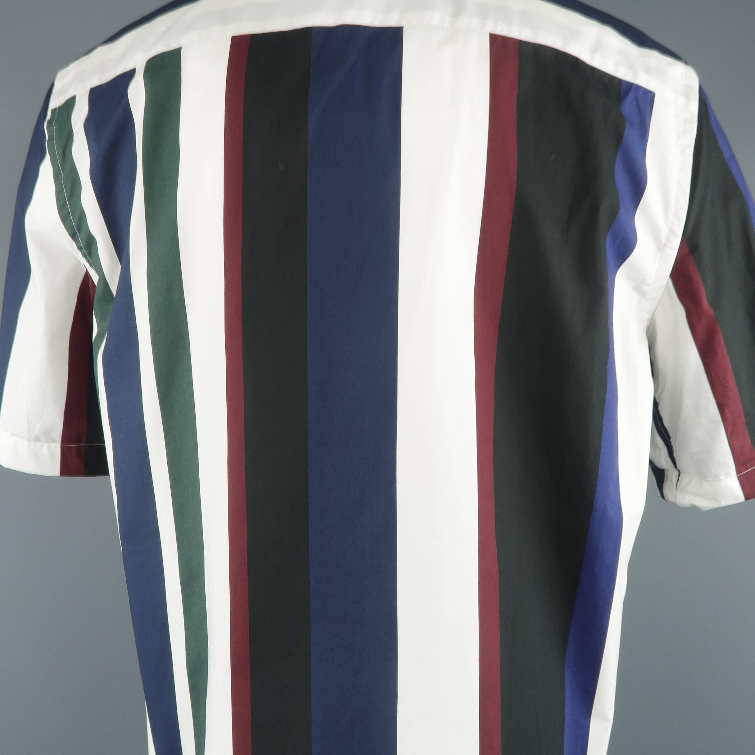 Men's MARNI Size L White Green Burgundy & Navy Stripe Cotton Short Sleeve Shirt 1