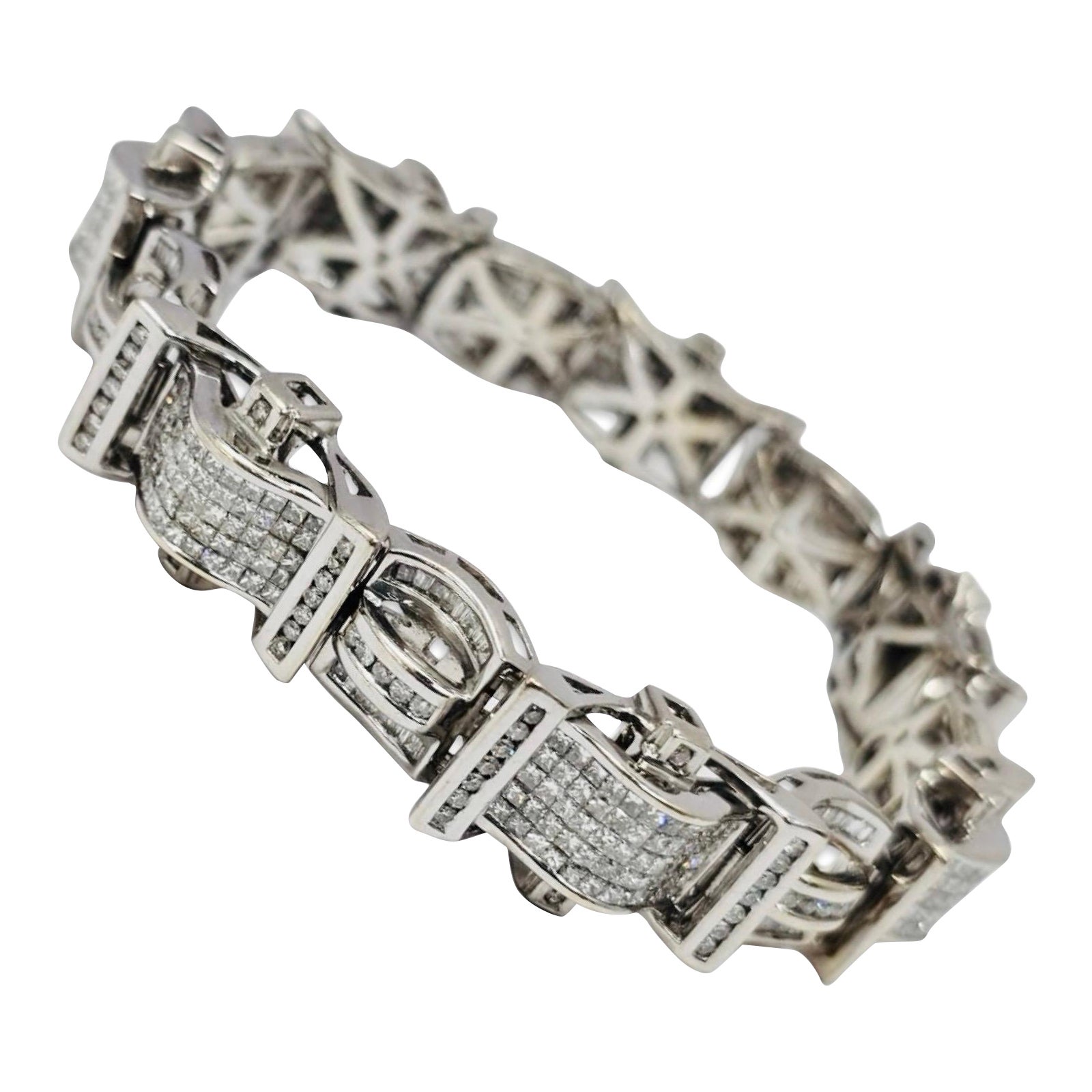 Pulsera de eslabones Art Decó de oro blanco de 14 quilates con diamantes macizos de 15,02 quilates, 9 pulgadas