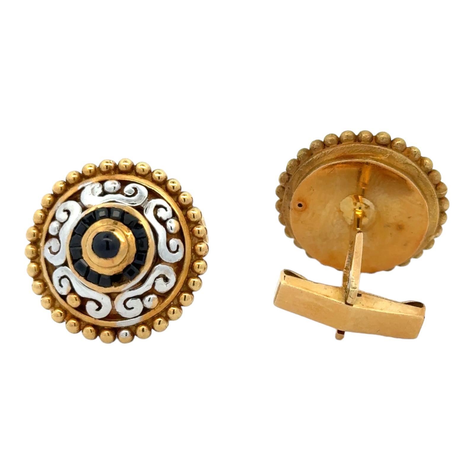 Contemporain Boutons de manchette vintage contemporains en or bicolore 18 carats à saphir rond en vente