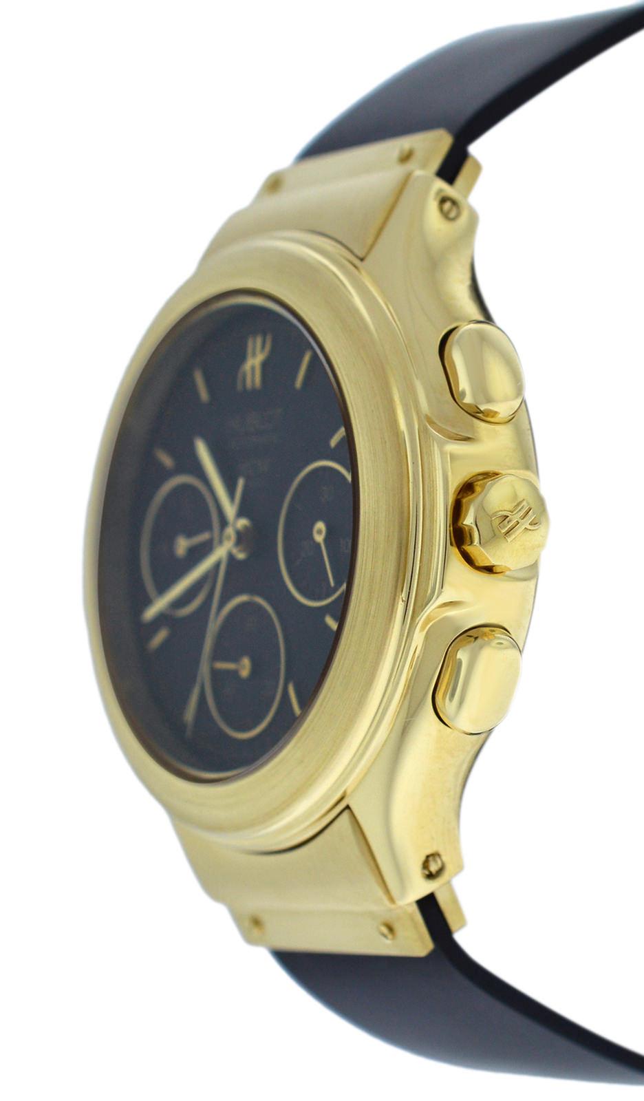 Brand	Hublot
Model	MDM Geneve Classic 1610.110.3
Gender	Mens Unisex
Condition	Pre-owned
Movement	Swiss Automatic
Case Material	18K Yellow Gold
Bracelet / Strap Material	Rubber
Clasp / Buckle Material	18K Yellow Gold 
Clasp Type	Butterfly