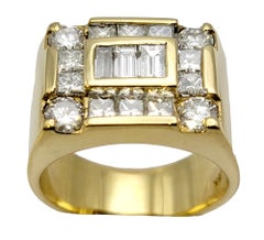 Mens Mixed Cut Diamond Rectangular 18 Karat Yellow Gold Statement Ring Size 10