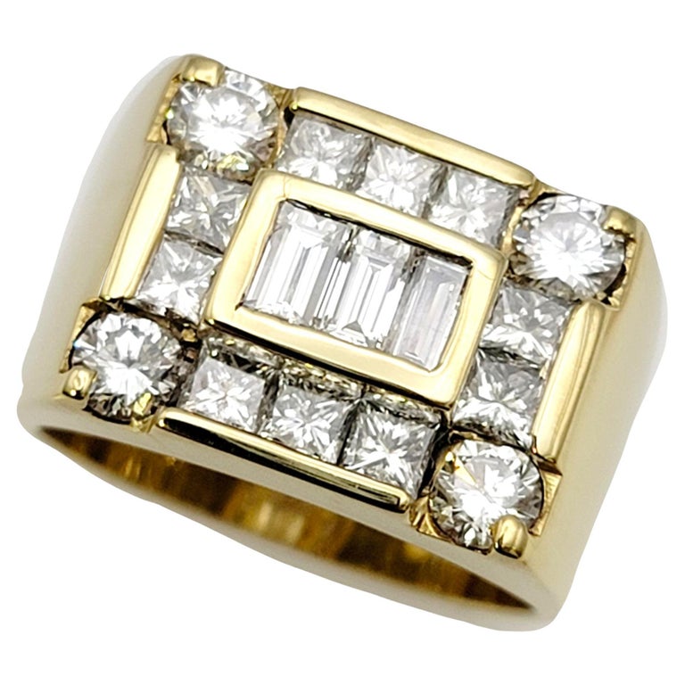 Mens Mixed Cut Diamond Rectangular 18 Karat Yellow Gold Statement Ring