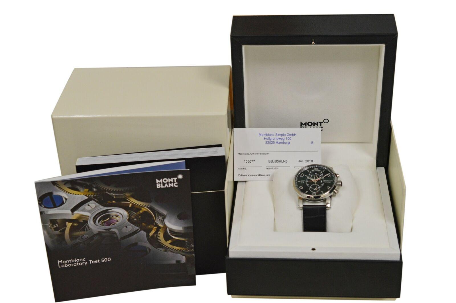 Brand	Montblanc
Model	Twinfly 105077
Gender	Men's
Condition	New 
Movement	Swiss Automatic
Case Material	Stainless steel 
Bracelet / Strap Material	
Genuine alligator / crocodile

Clasp / Buckle Material	
Stainless steel	
Clasp Type	Butterfly
