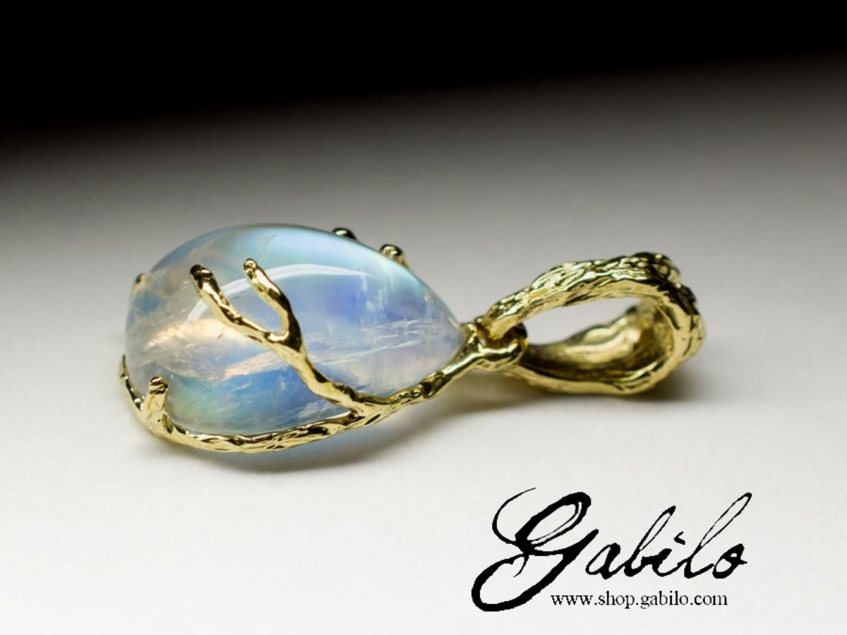 Moonstone Yellow Gold Pendant Clear Cabochon  6