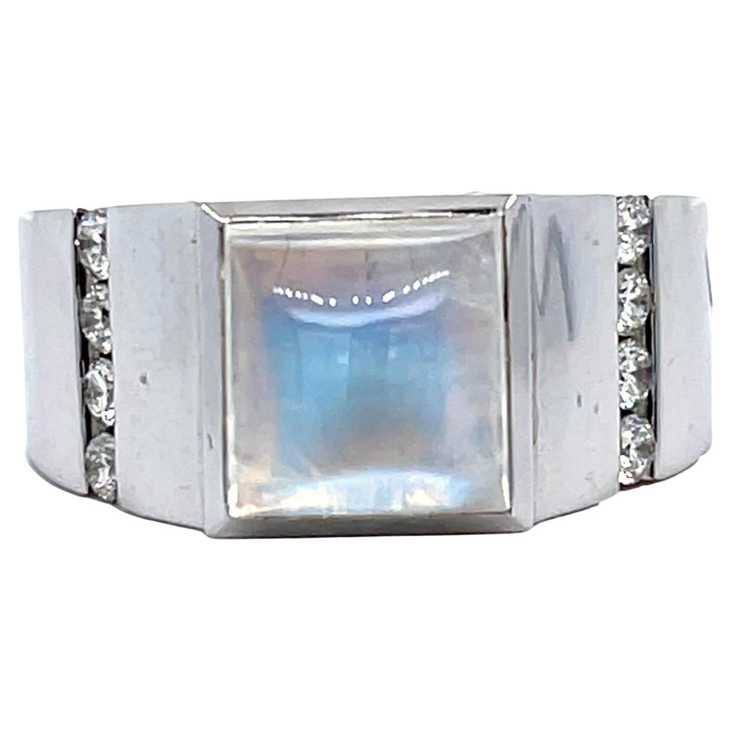 Men's Moonstone and Diamond 14KW Gold Ring For Sale