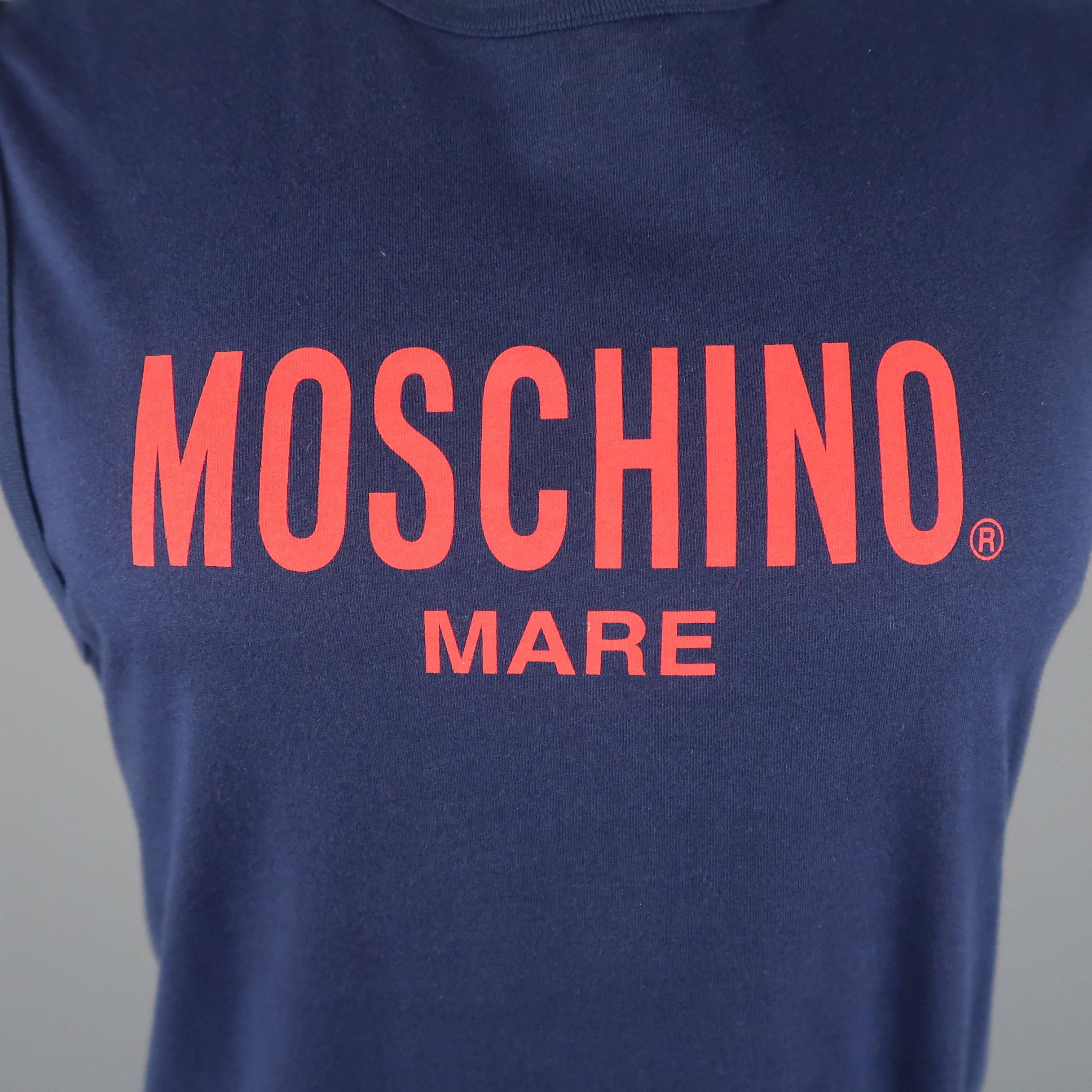 MOSCHINO MARE tank top comes in navy blue cotton jersey with red Logo on front.
 
New with Tags
Marked: M
 
Measurements:
 
Shoulder: 16.5 in.
Chest: 40 in.
Length: 25 in.

