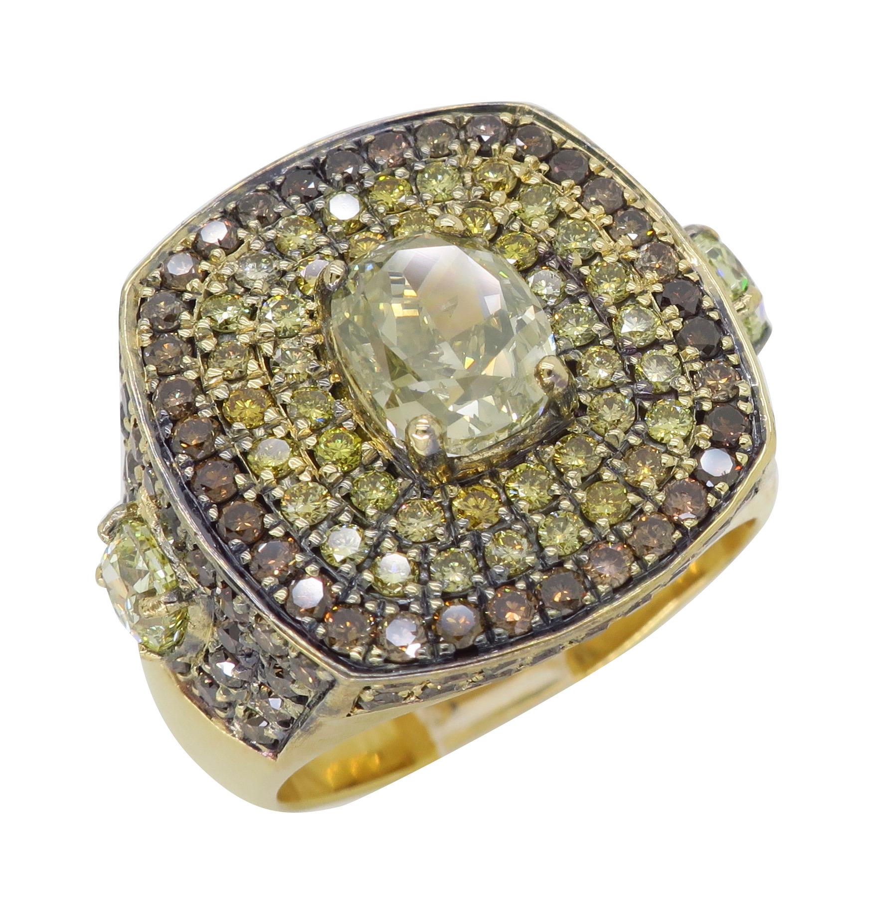 Unique multi fancy colored diamond cocktail ring crafted in 18k yellow gold with black rhodium accents.

Center Diamond Carat Weight: Approximately 2.00CT
Center Diamond Cut: Cushion Cut
Center Diamond Color: Natural Fancy Grayish Greenish