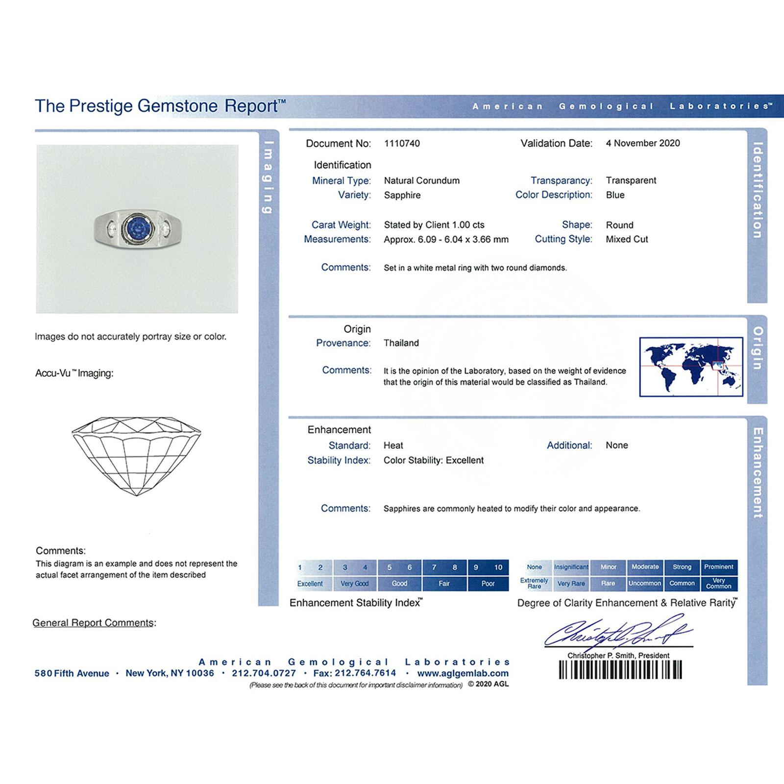 Contemporary Men's Natural Blue Sapphire Diamond 14 Karat White Gold 3-Stone Ring AGL Certifi