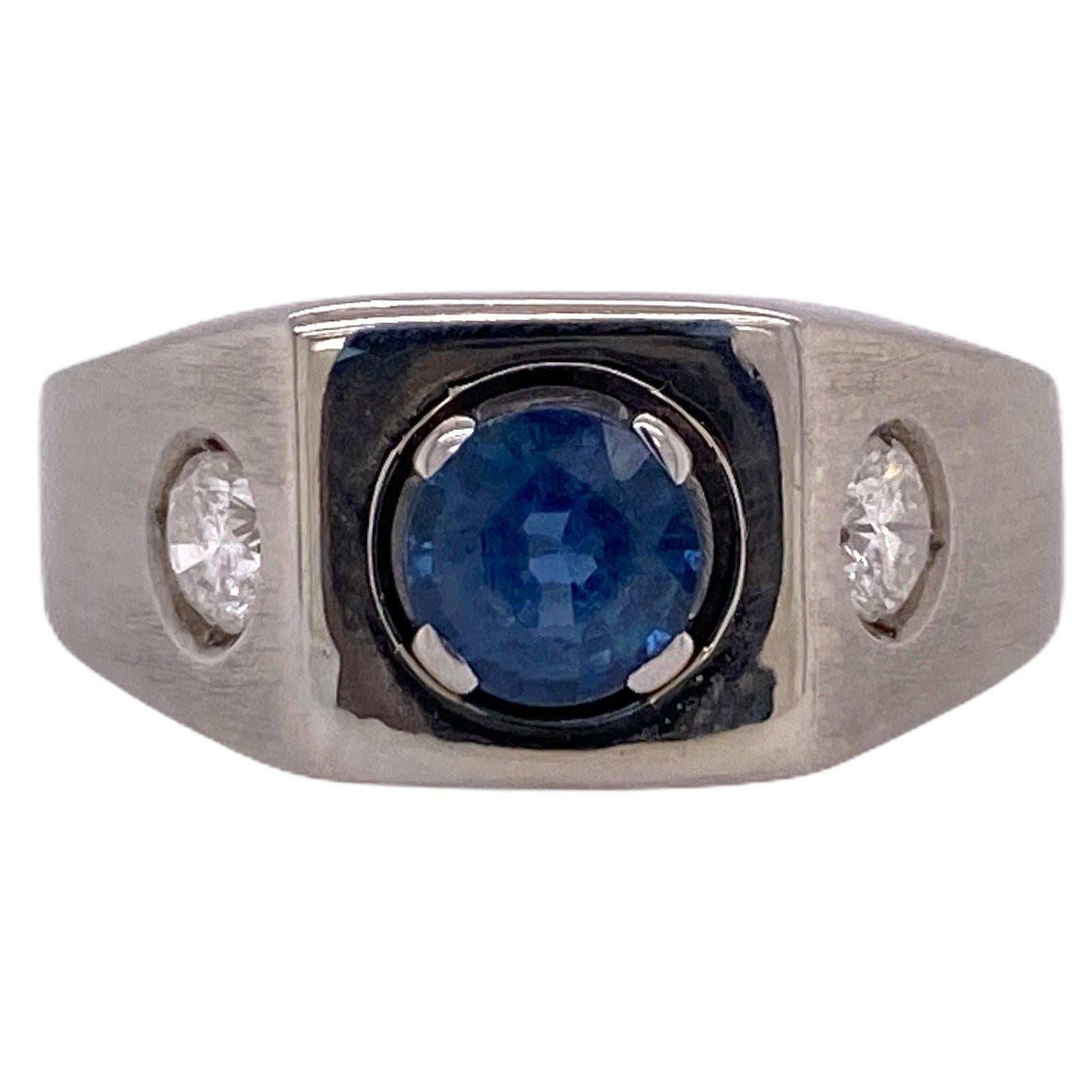 Men's Natural Blue Sapphire Diamond 14 Karat White Gold 3-Stone Ring AGL Certifi