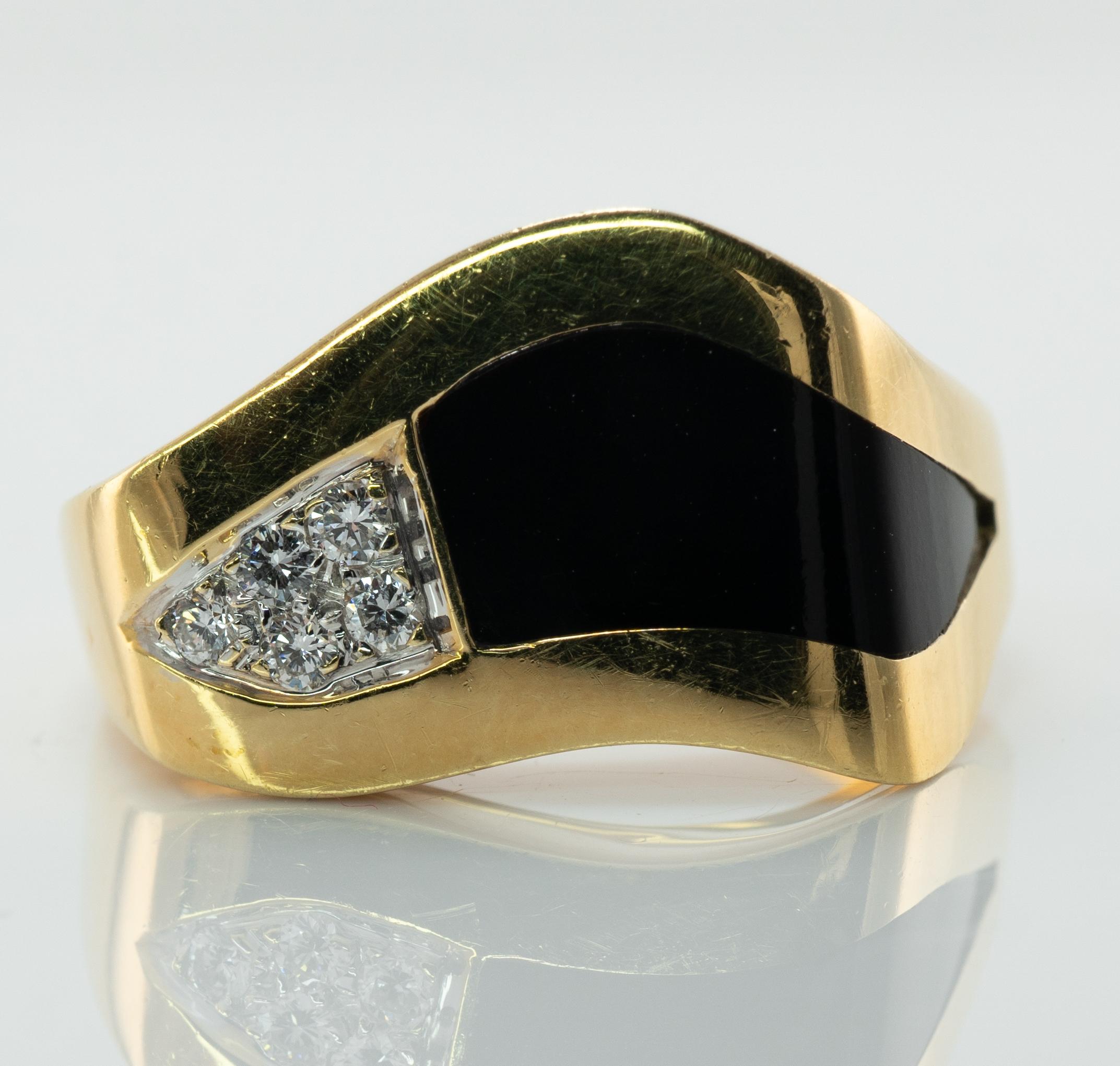 Men's Mens Natural Diamond Onyx Ring 18K Gold Band For Sale