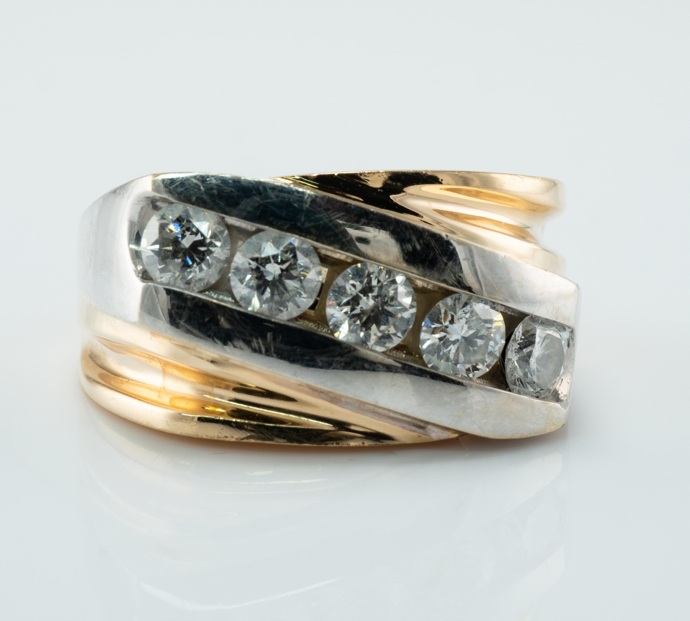 Mens Natural Diamond Ring 1.15cttw 14K Gold Band Vintage Estate

This vintage ring for a gentleman is finely crafted in combination of solid 14K Yellow and White Gold. 
Five white and fiery diamonds are SI1-SI2 clarity and H color totaling 1.15
