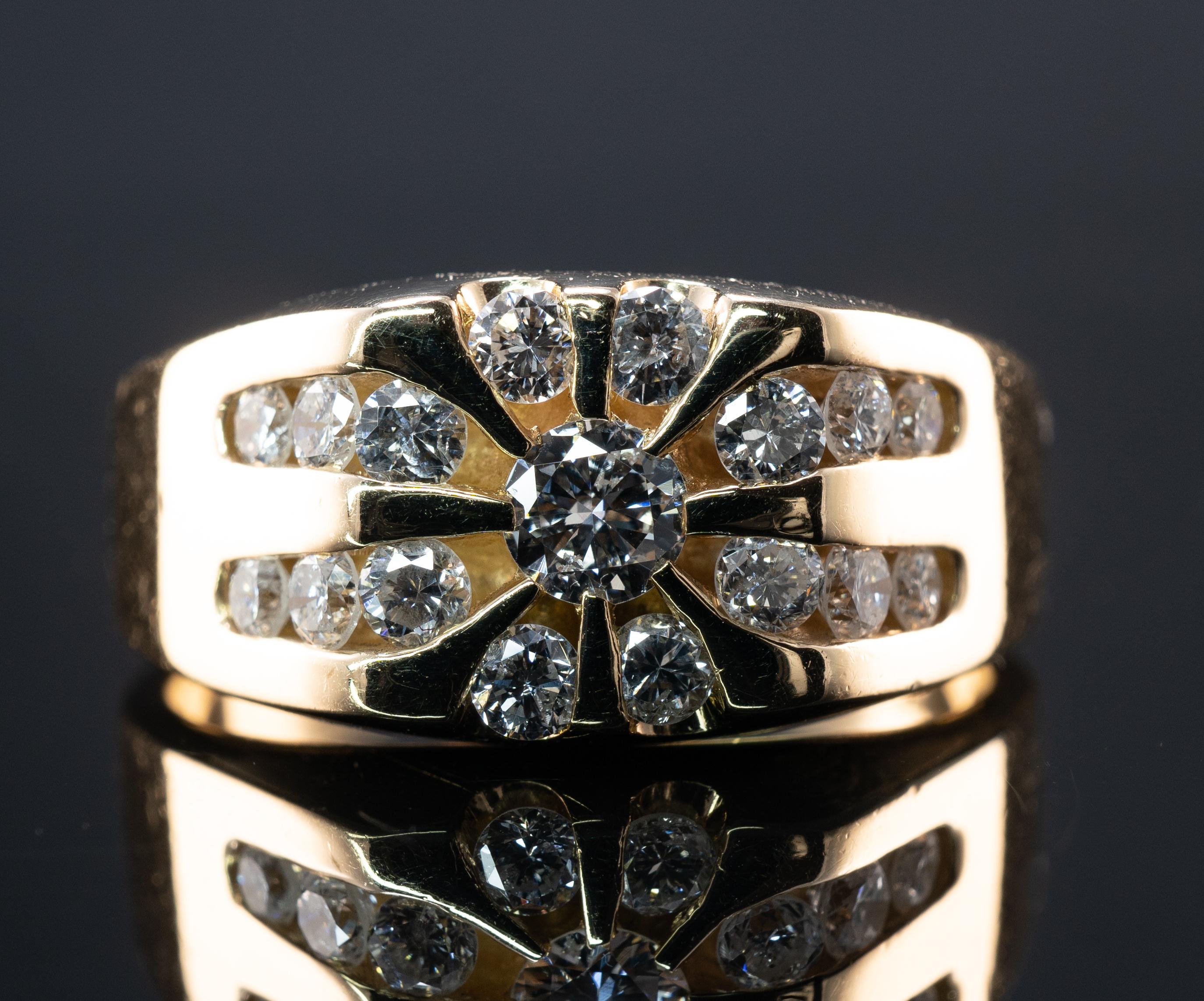 Mens Natural Diamond Ring 14K Gold Band by Magic Glo 1.25 TDW

This amazing vintage ring for a gentleman is finely crafted in solid 14K Yellow Gold by Magic Glo and set with white and fiery natural Earth mined round cut diamonds.
The center diamond